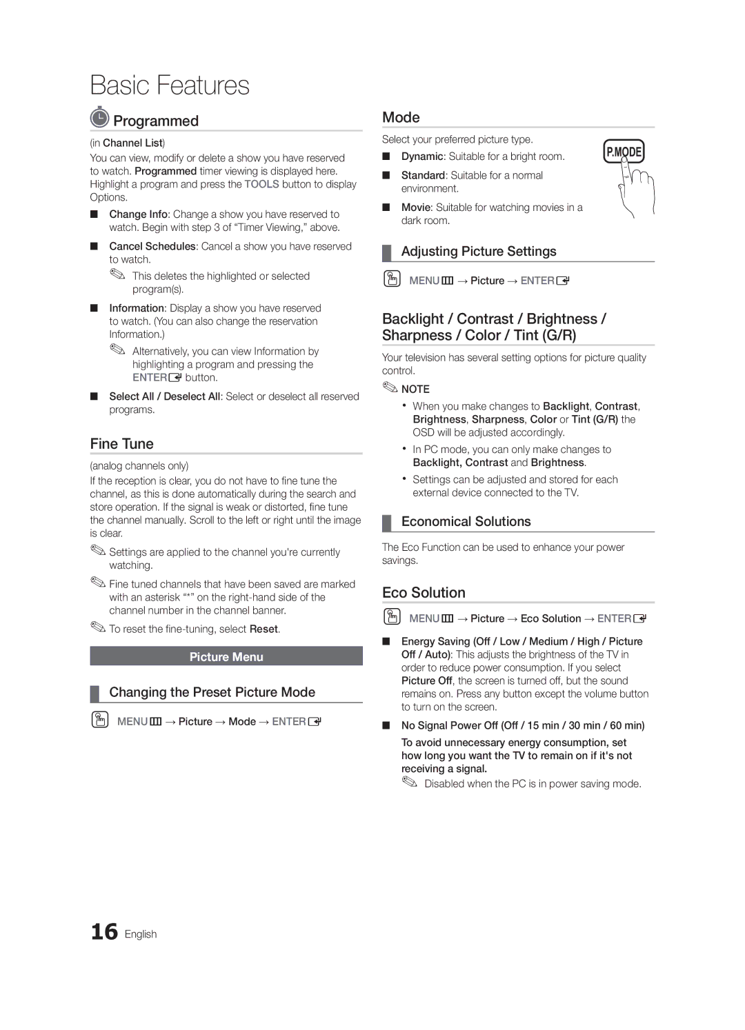 Samsung BN68-02651B-04 user manual Programmed, Fine Tune, Mode, Eco Solution 