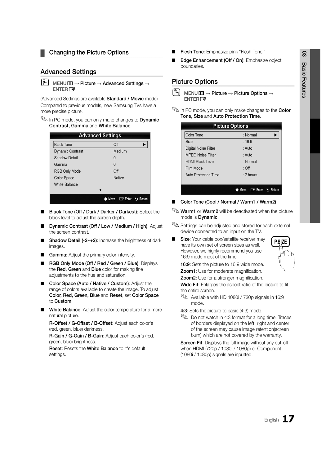 Samsung BN68-02651B-04 user manual Advanced Settings, Changing the Picture Options 