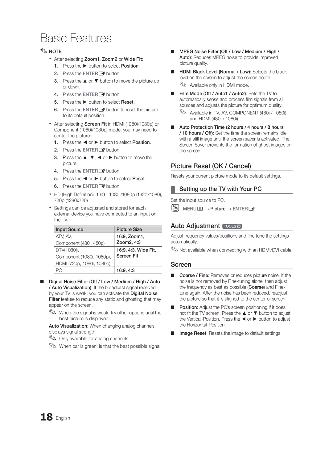 Samsung BN68-02651B-04 user manual Picture Reset OK / Cancel, Auto Adjustment t, Screen, Setting up the TV with Your PC 