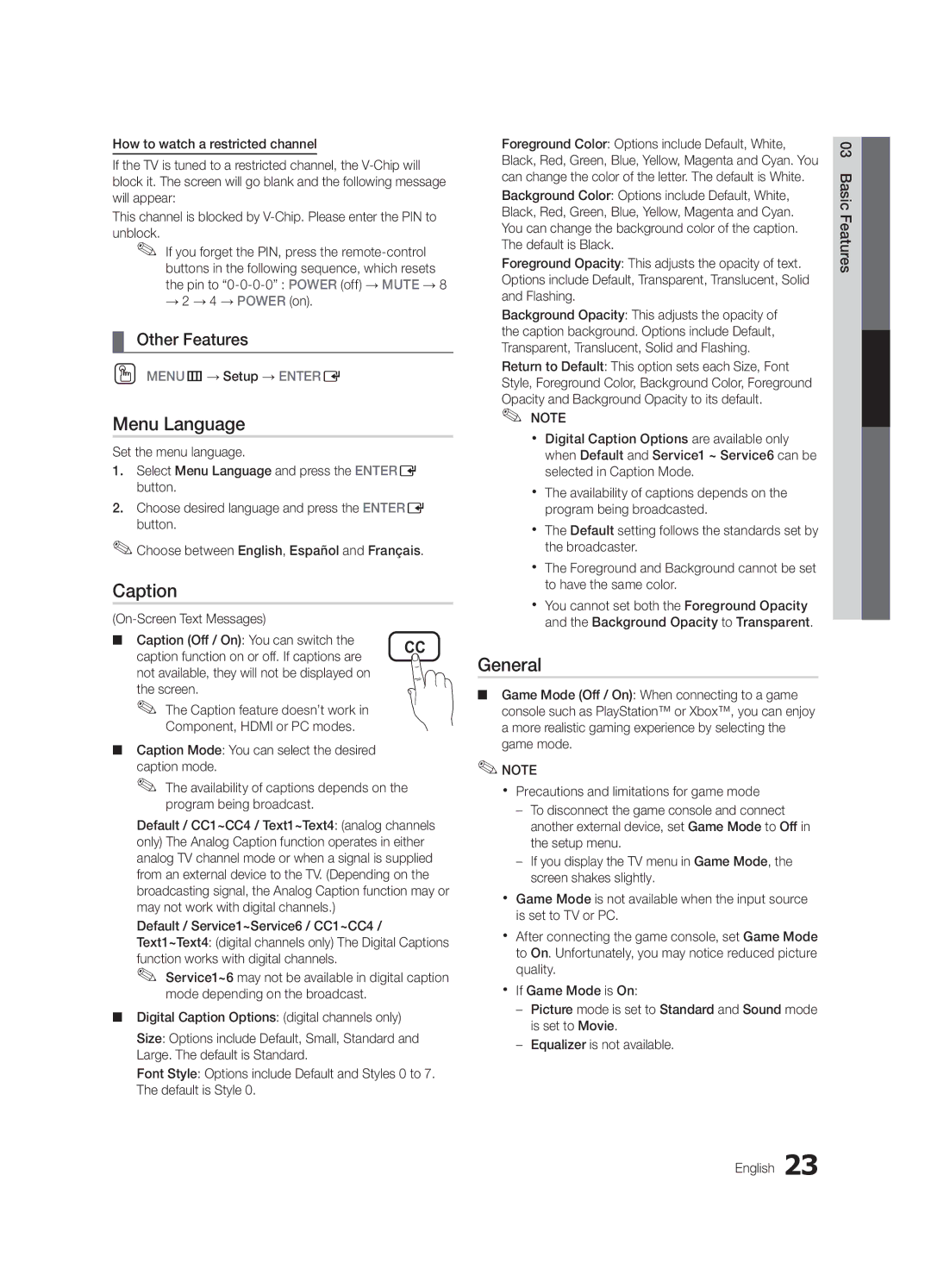 Samsung BN68-02651B-04 user manual Menu Language, Caption, General, → 2 → 4 → Power on, OO MENUm→ Setup → Entere 