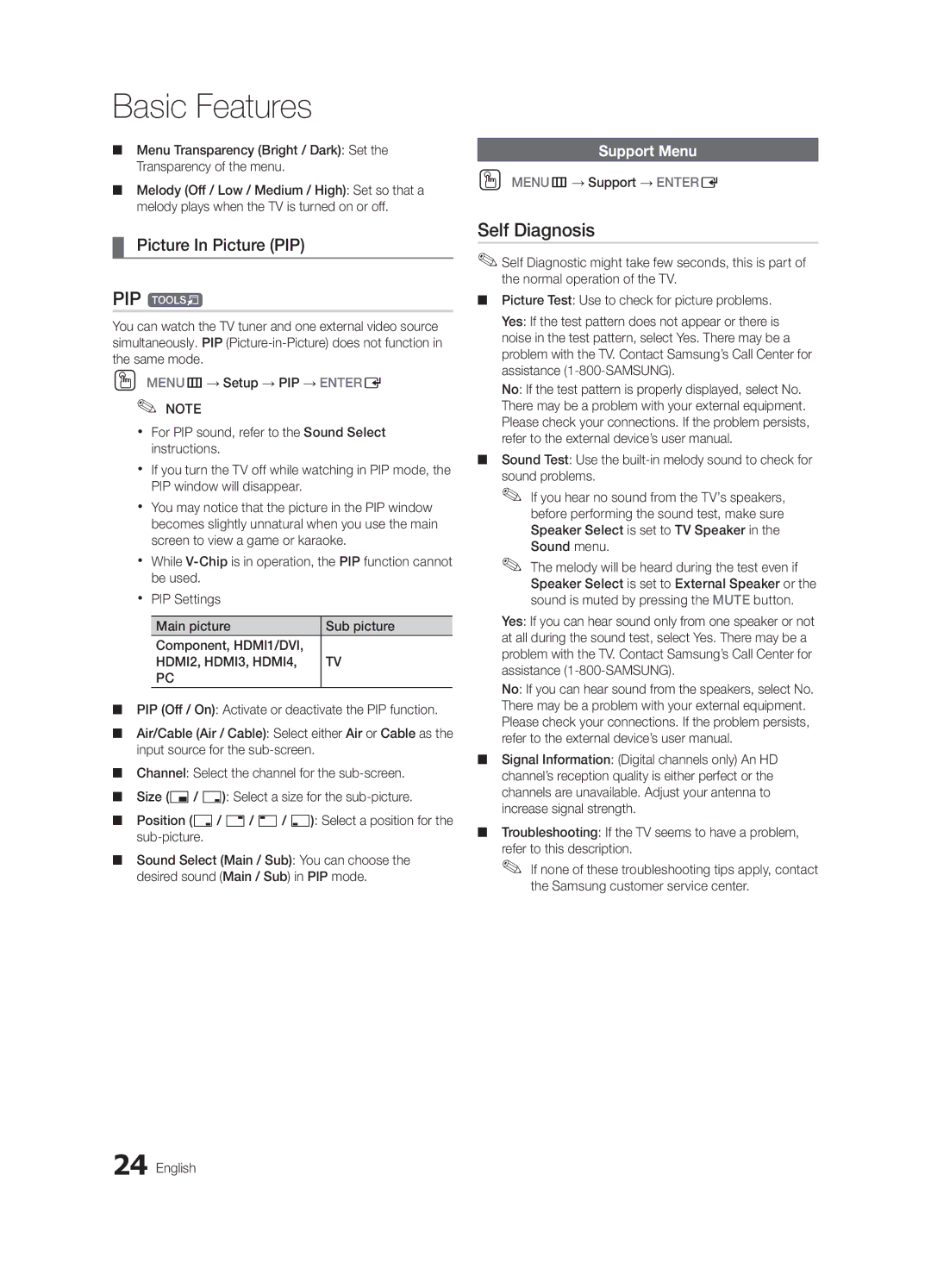 Samsung BN68-02651B-04 user manual PIP t, Self Diagnosis, Picture In Picture PIP, Support Menu, OO MENUm→ Support → Entere 