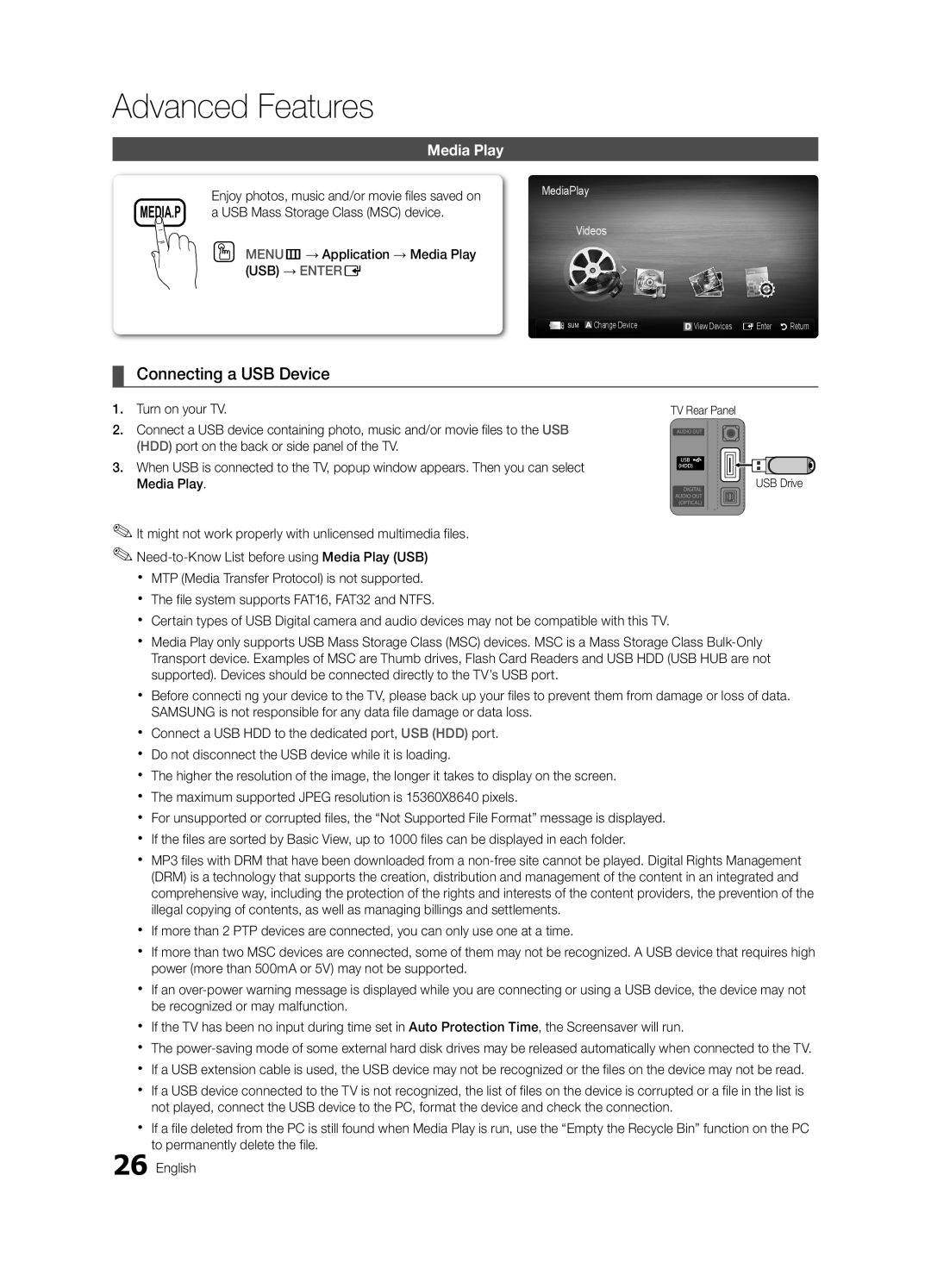 Samsung BN68-02651B-04 user manual Advanced Features, MENUm→ Application → Media Play 