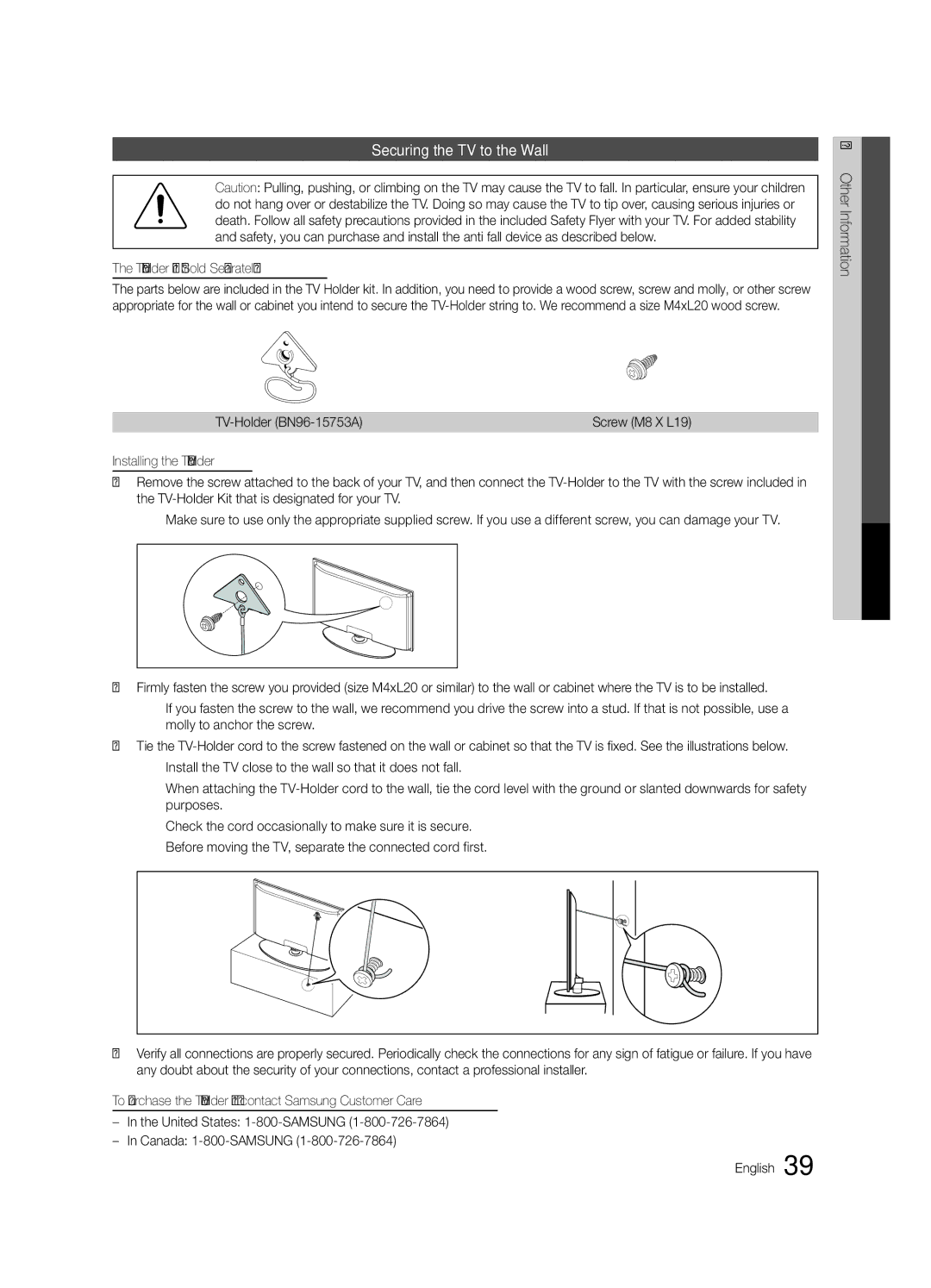 Samsung BN68-02651B-04 Securing the TV to the Wall, TV-Holder Kit Sold Separately, TV-Holder BN96-15753A, Screw M8 X L19 