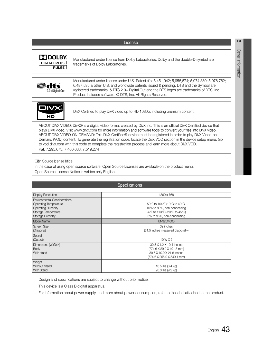 Samsung BN68-02651B-04 user manual License, Specifications 