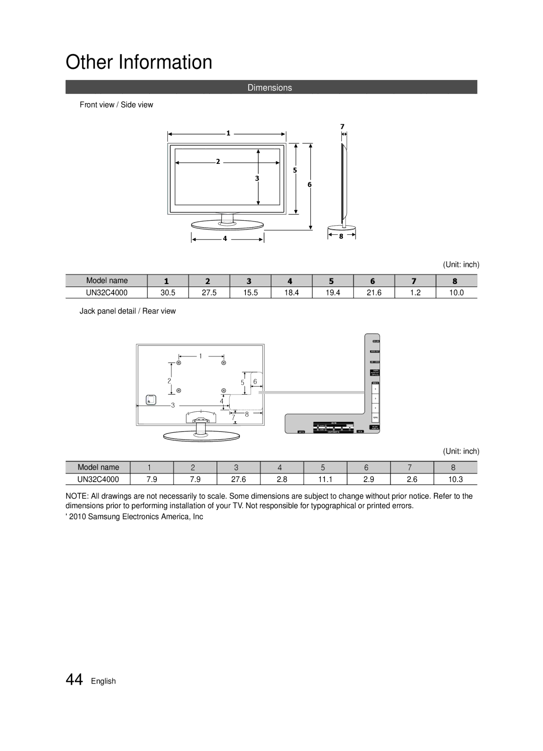 Samsung BN68-02651B-04 user manual Dimensions, Front view / Side view 