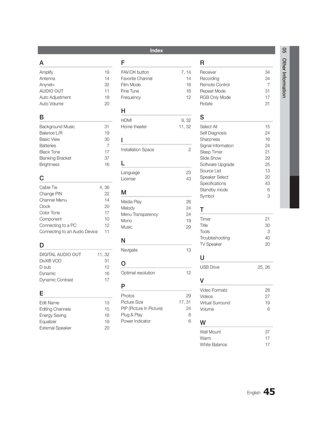 Samsung BN68-02651B-04 user manual Index, Amplify Antenna Anynet+, Favorite Channel Film Mode Fine Tune Frequency 