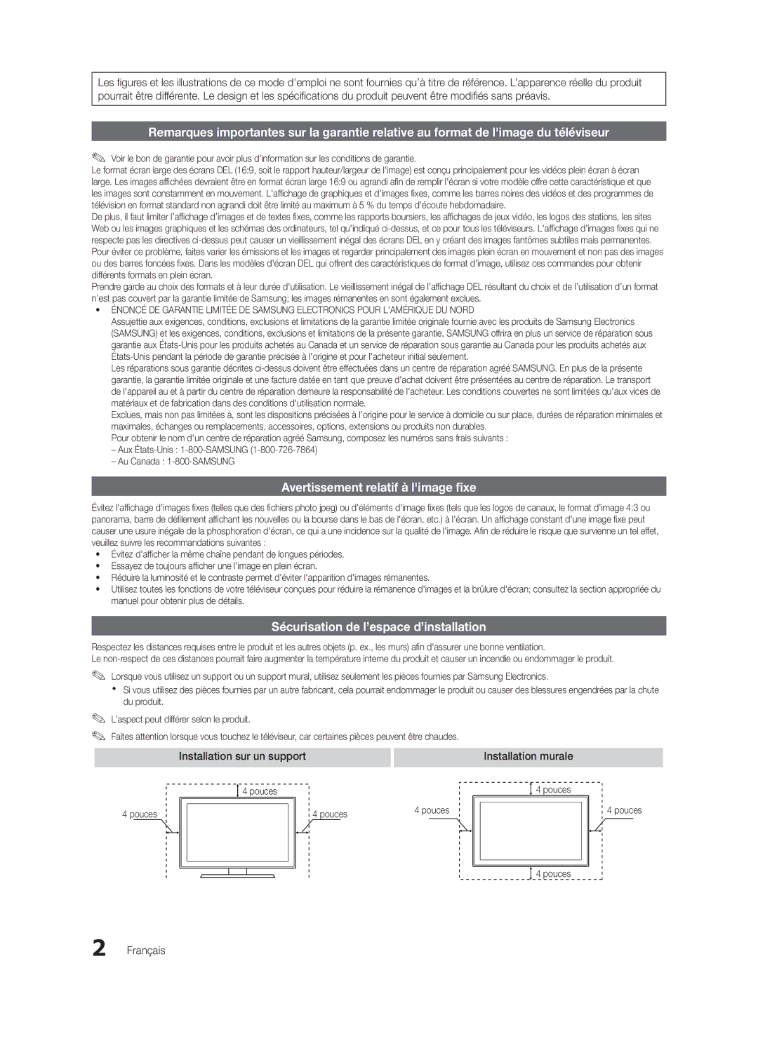 Samsung BN68-02651B-04 Avertissement relatif à limage fixe, Sécurisation de l’espace d’installation, Installation murale 