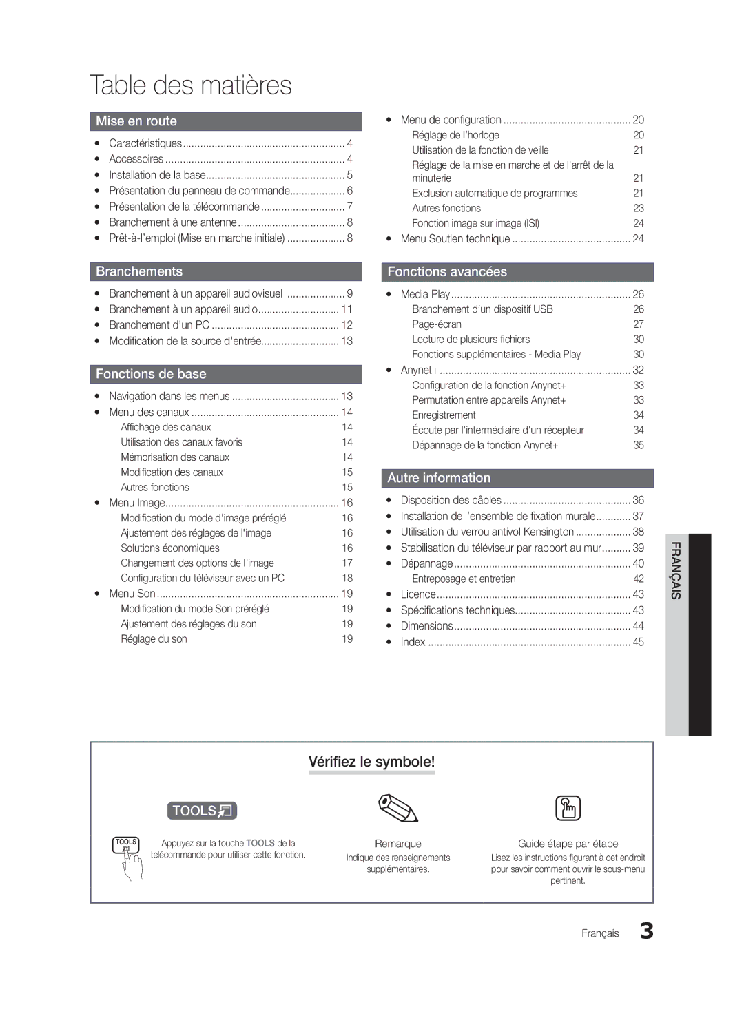 Samsung BN68-02651B-04 user manual Table des matières, Vérifiez le Symbole 