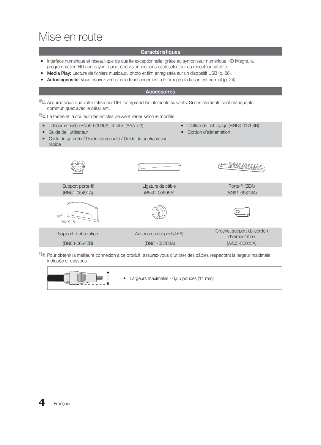 Samsung BN68-02651B-04 user manual Mise en route, Caractéristiques, Accessoires 