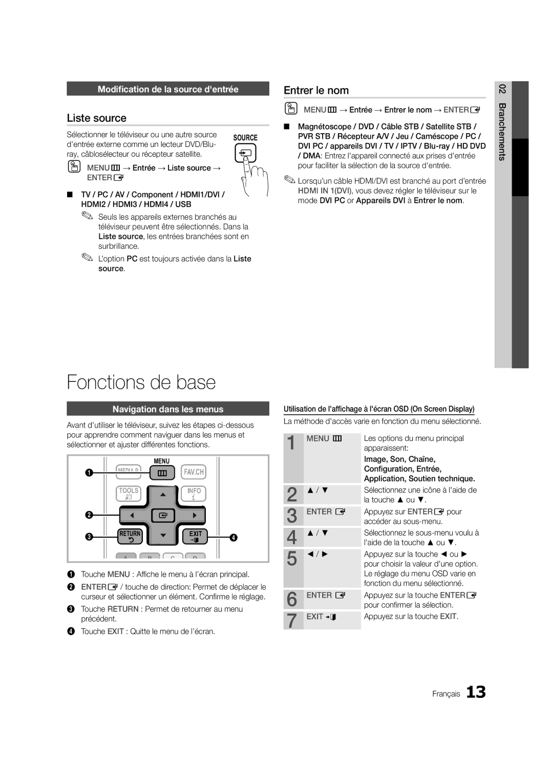 Samsung BN68-02651B-04 user manual Fonctions de base, Liste source, Entrer le nom, Modification de la source dentrée 