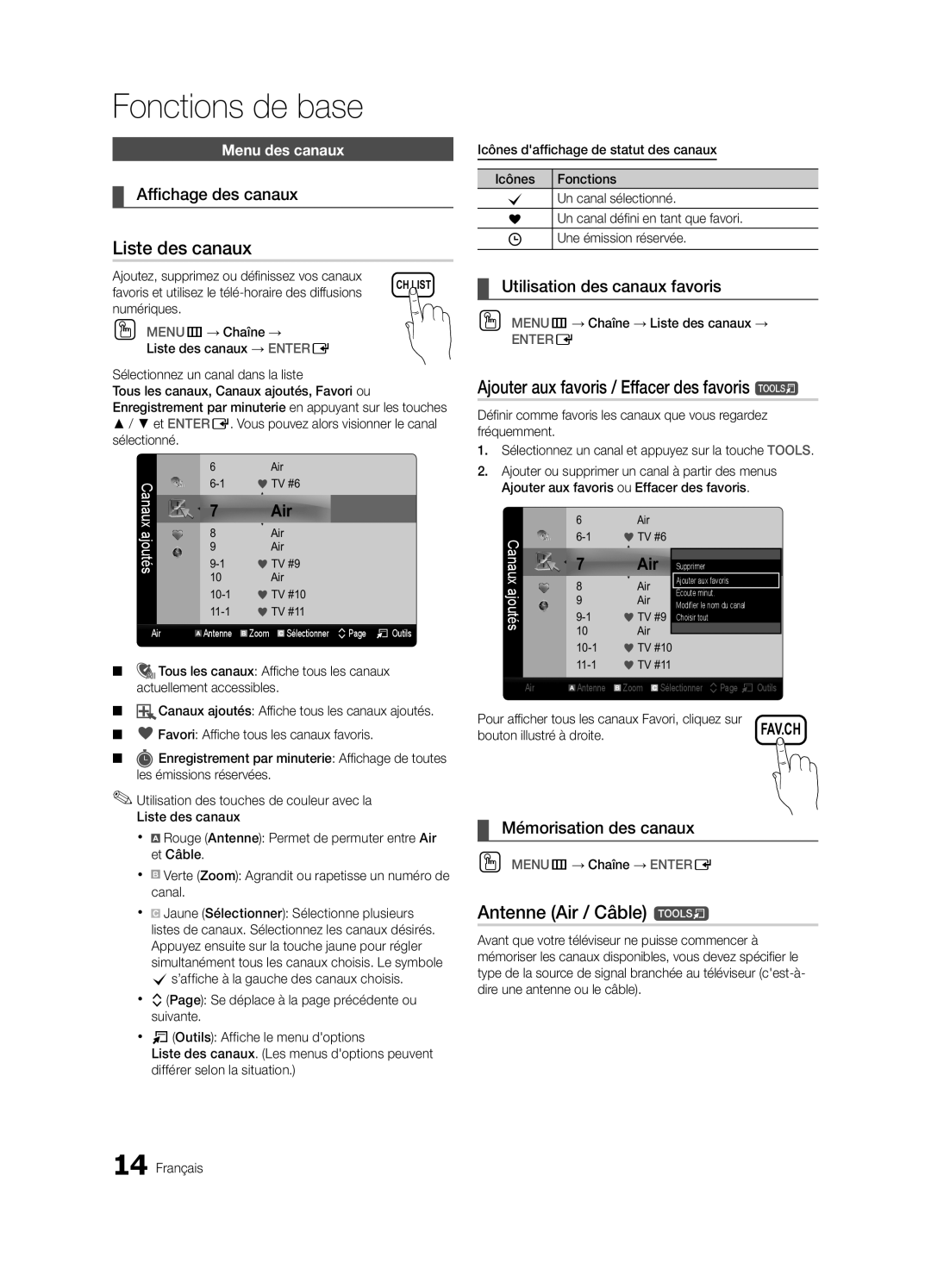 Samsung BN68-02651B-04 user manual Liste des canaux, Ajouter aux favoris / Effacer des favoris t, Antenne Air / Câble t 