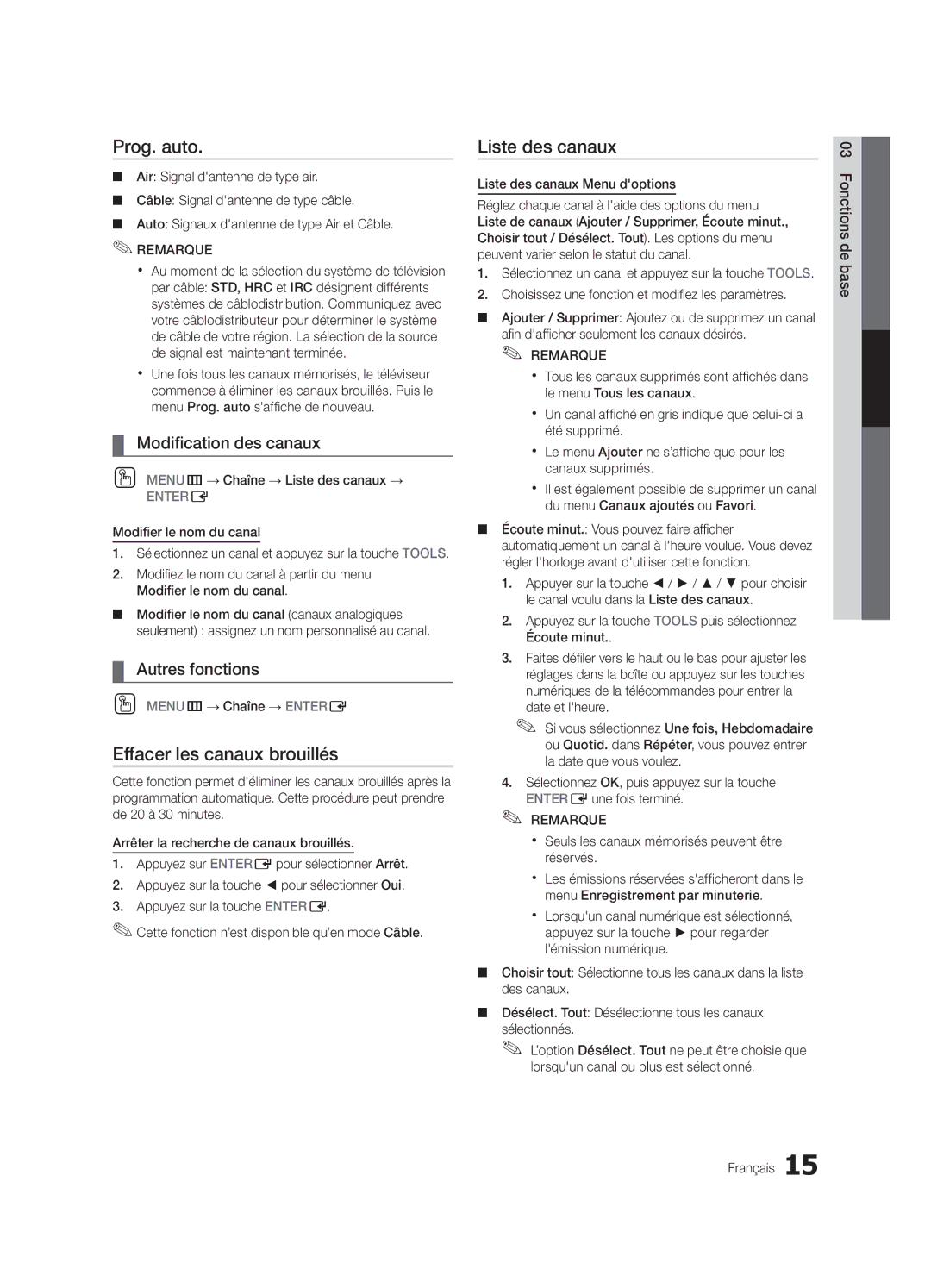 Samsung BN68-02651B-04 user manual Prog. auto, Effacer les canaux brouillés, Modification des canaux, Autres fonctions 