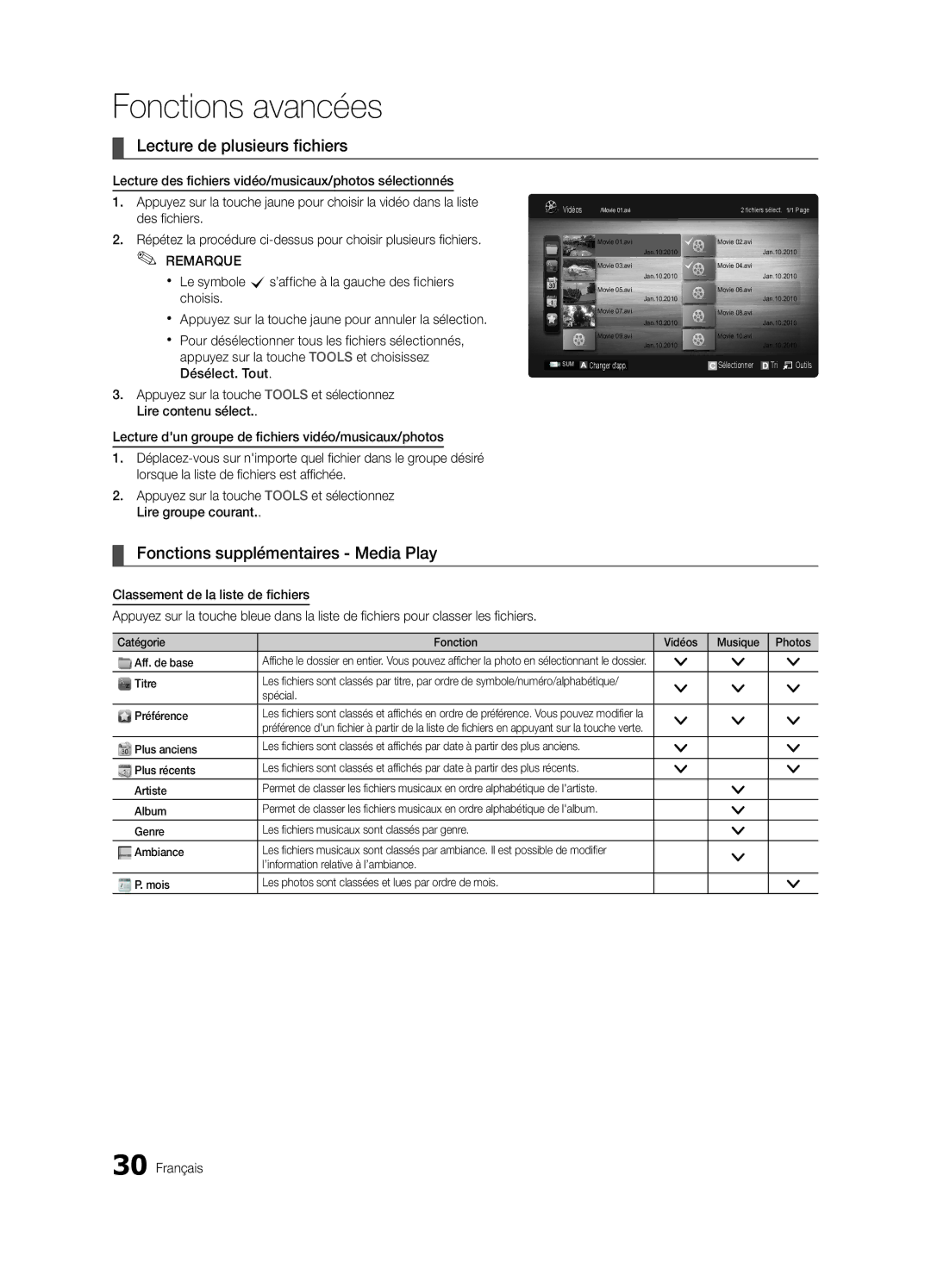 Samsung BN68-02651B-04 user manual Lecture de plusieurs fichiers, Fonctions supplémentaires Media Play 