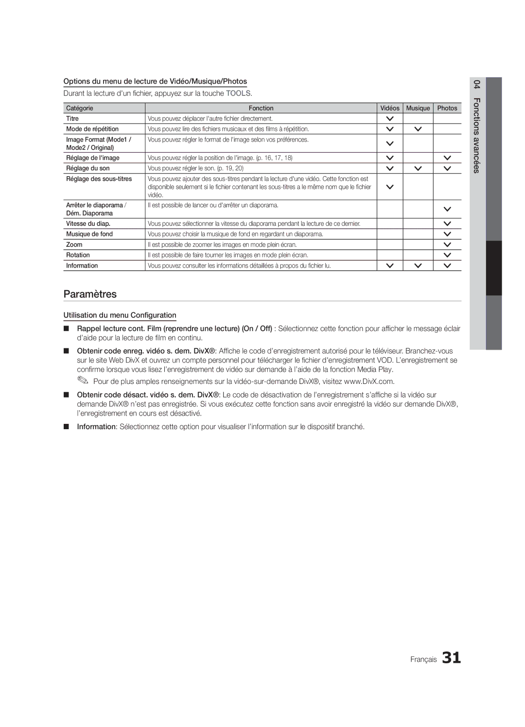 Samsung BN68-02651B-04 user manual Paramètres, Utilisation du menu Configuration, ’aide pour la lecture de film en continu 