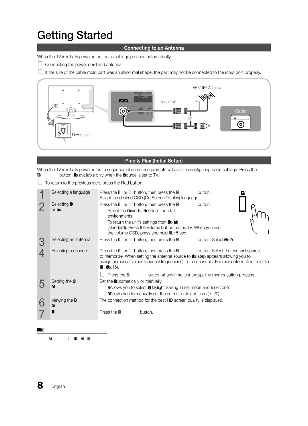 Samsung BN68-02651B-04 user manual Connecting to an Antenna, Plug & Play Initial Setup, VHF/UHF Antenna, Power Input 