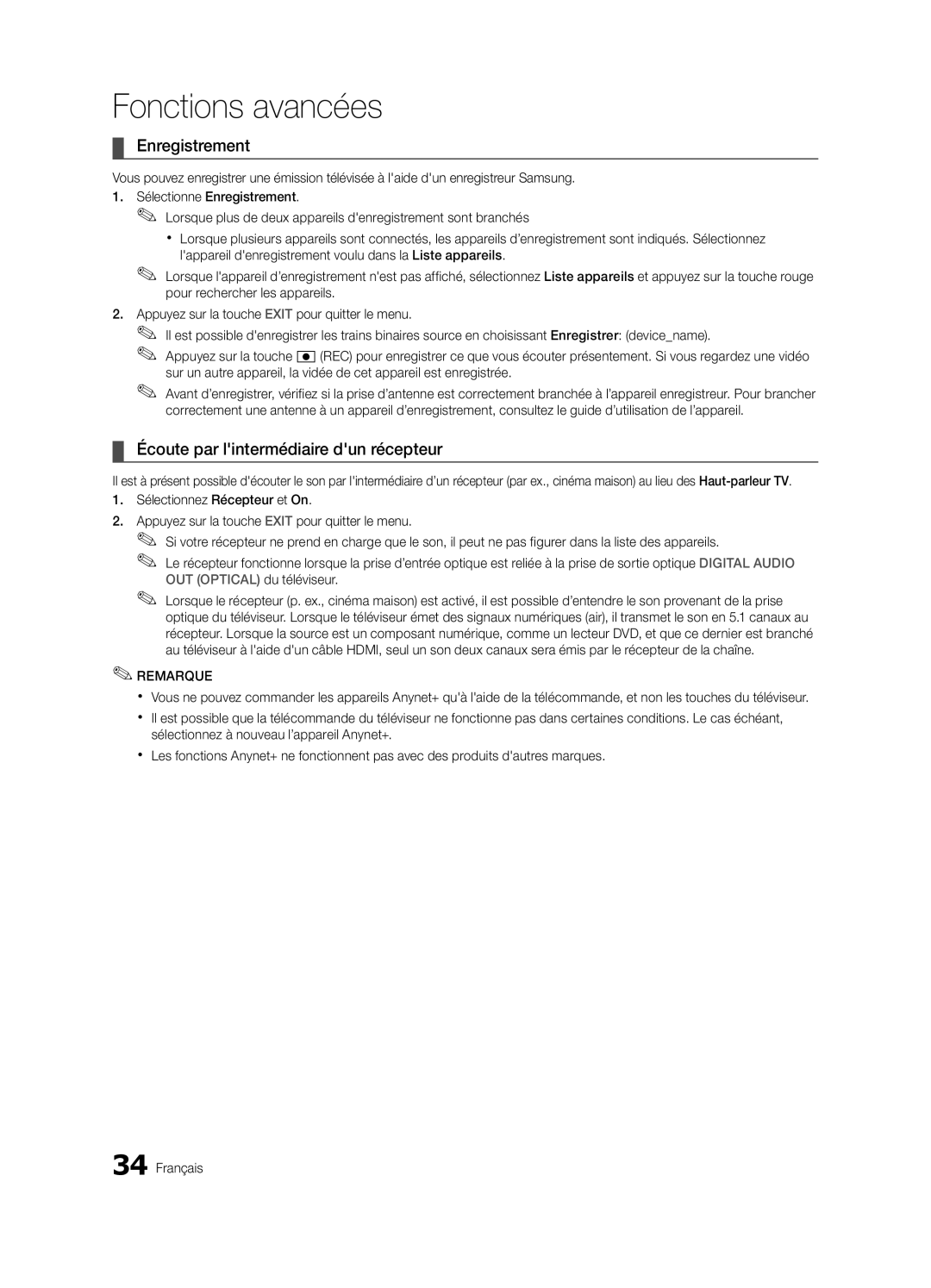 Samsung BN68-02651B-04 user manual Enregistrement, Écoute par lintermédiaire dun récepteur 