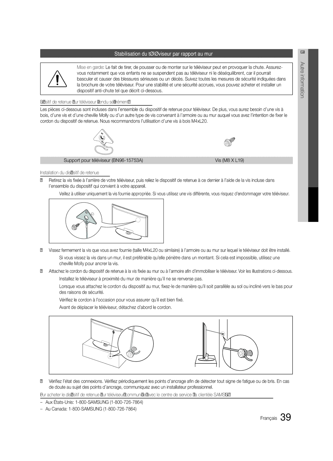 Samsung BN68-02651B-04 user manual Stabilisation du téléviseur par rapport au mur, Support pour téléviseur BN96-15753A 