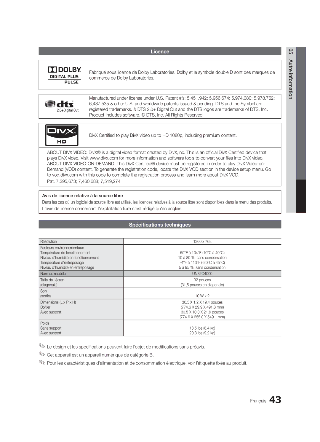 Samsung BN68-02651B-04 user manual Licence, Spécifications techniques 