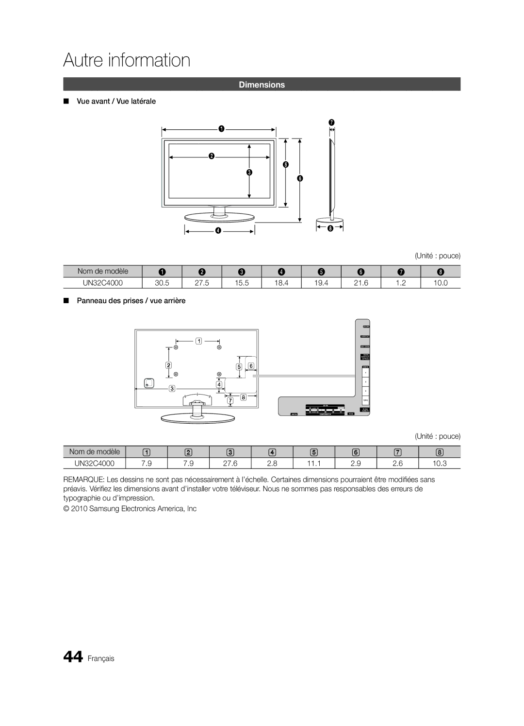 Samsung BN68-02651B-04 user manual Vue avant / Vue latérale, Unité pouce, Nom de modèle UN32C4000 27.6 