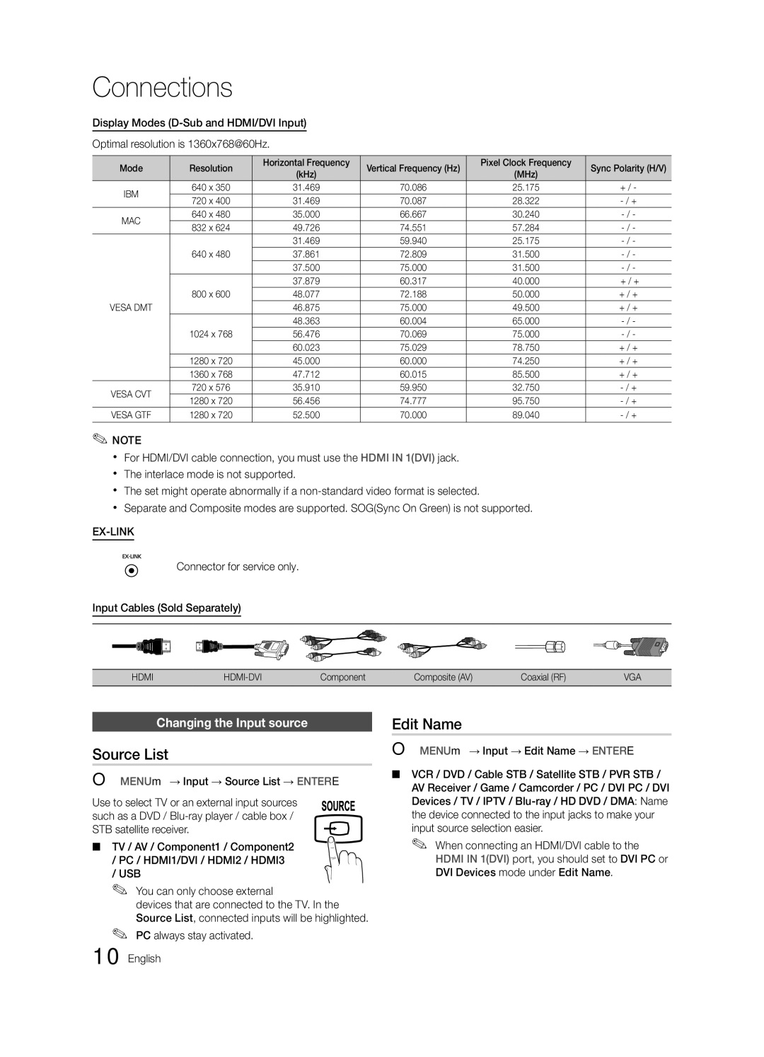 Samsung BN68-02663A-06, LC450-ZA user manual Source List, Edit Name, Changing the Input source, Ex-Link 