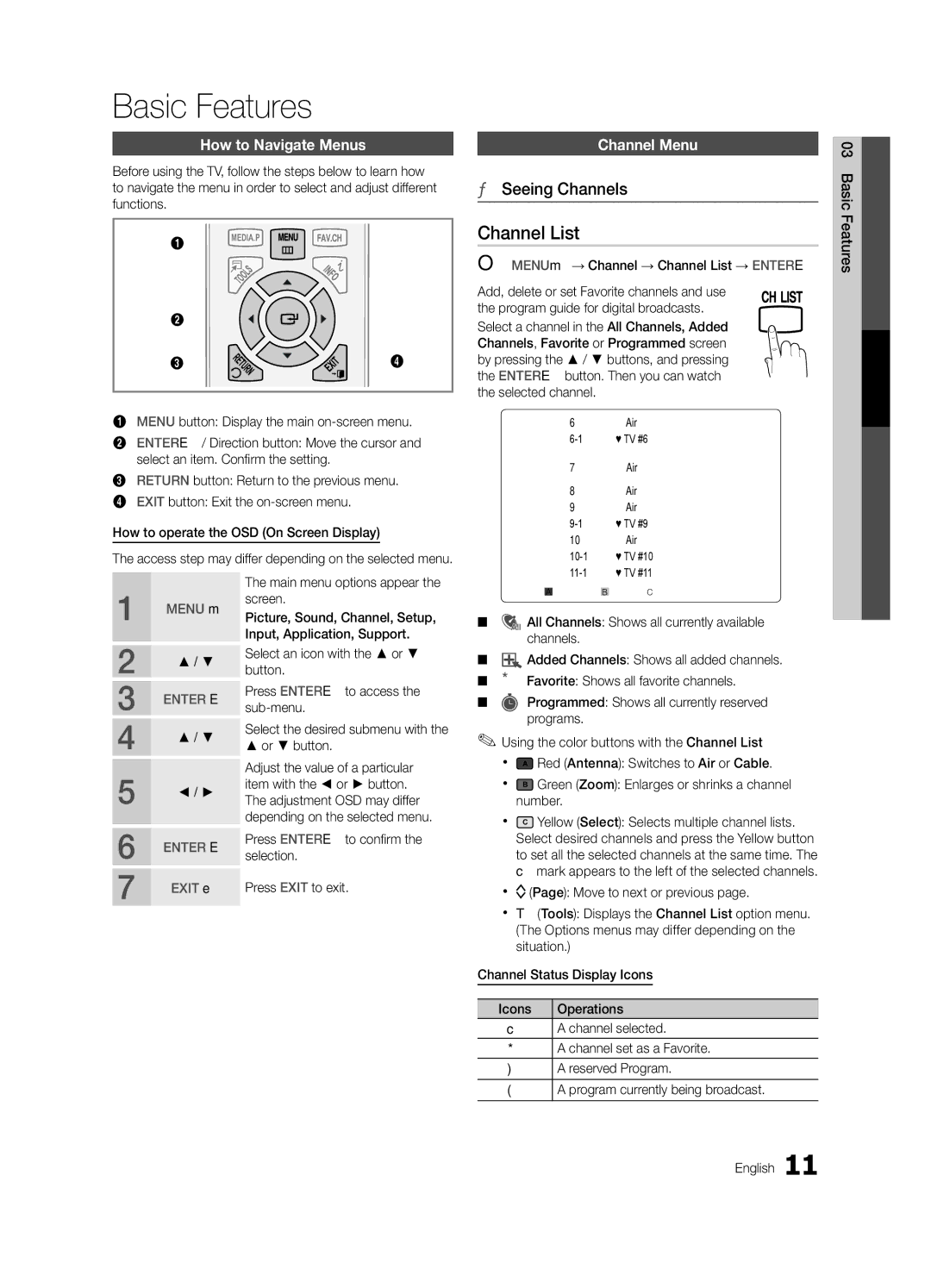 Samsung LC450-ZA, BN68-02663A-06 Basic Features, Channel List, Seeing Channels, How to Navigate Menus, Channel Menu 