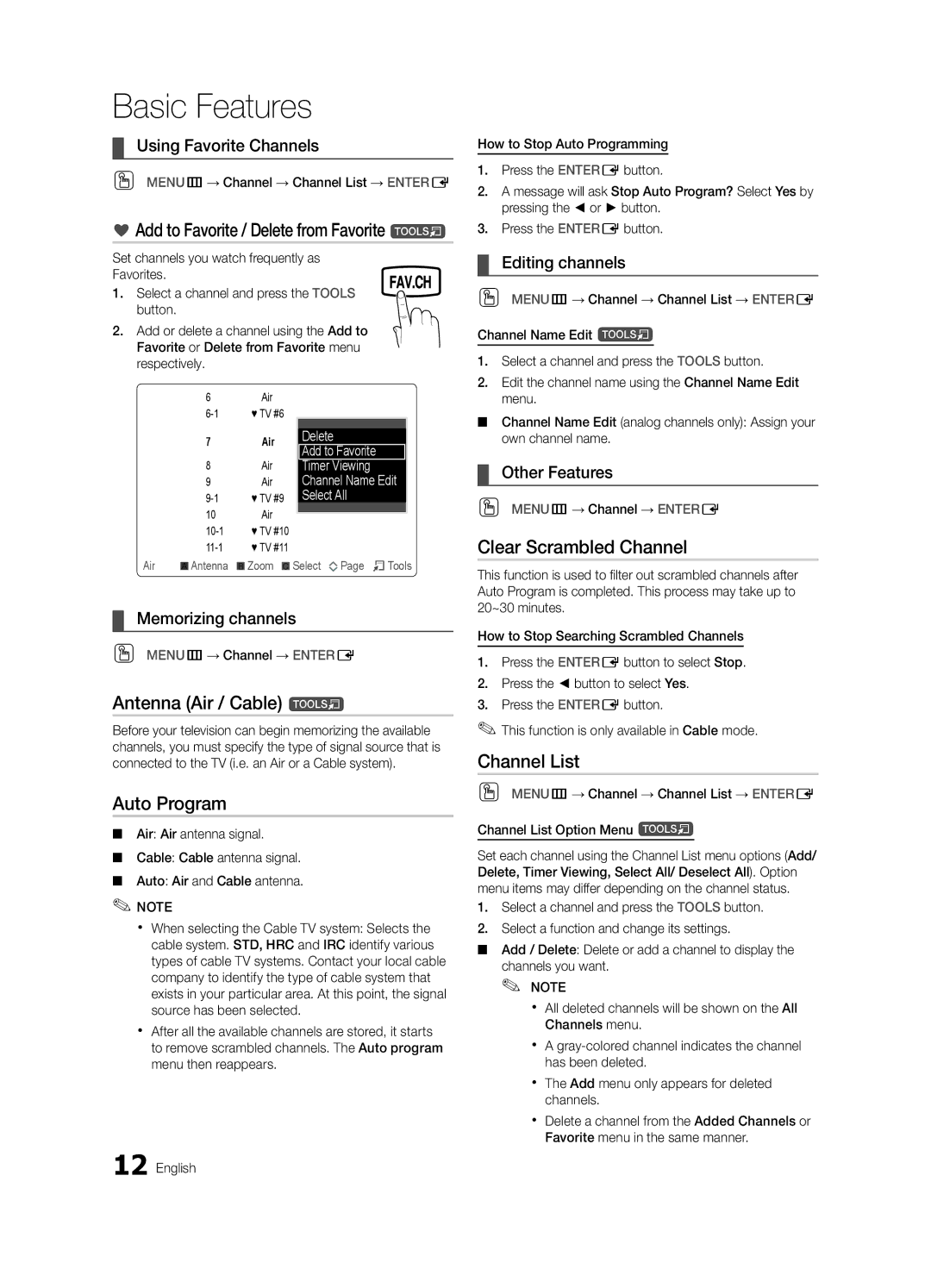 Samsung BN68-02663A-06, LC450-ZA user manual Add to Favorite / Delete from Favorite t, Antenna Air / Cable t, Auto Program 