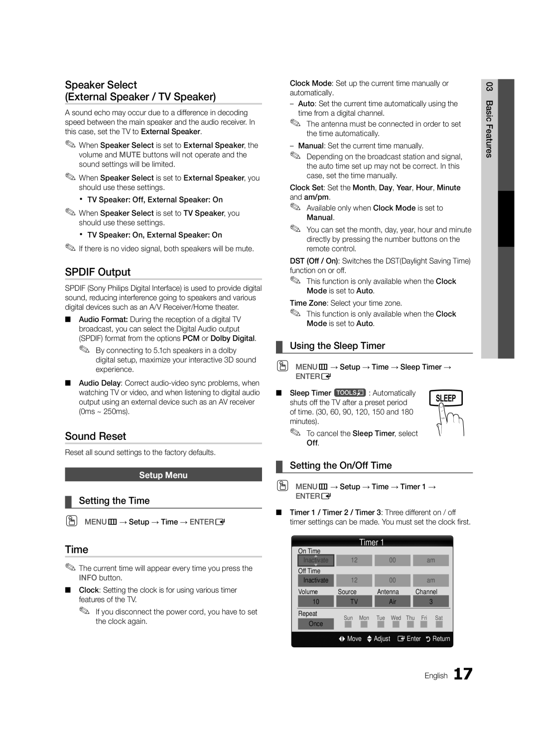 Samsung LC450-ZA, BN68-02663A-06 user manual Speaker Select External Speaker / TV Speaker, Spdif Output, Sound Reset, Time 