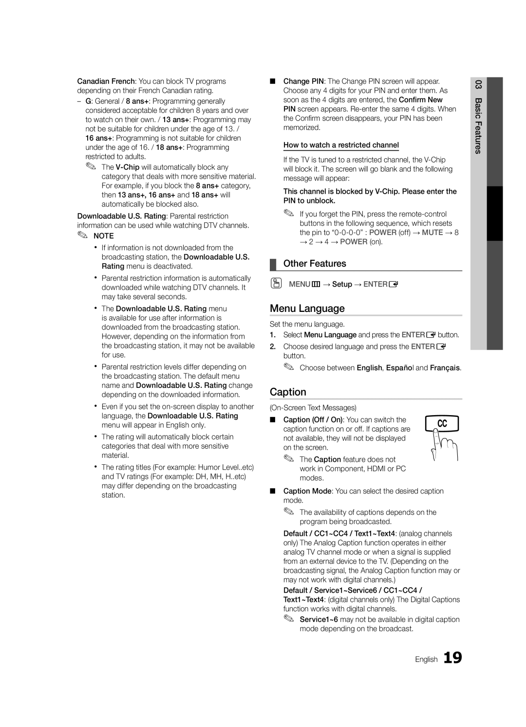 Samsung LC450-ZA, BN68-02663A-06 user manual Menu Language, Caption 