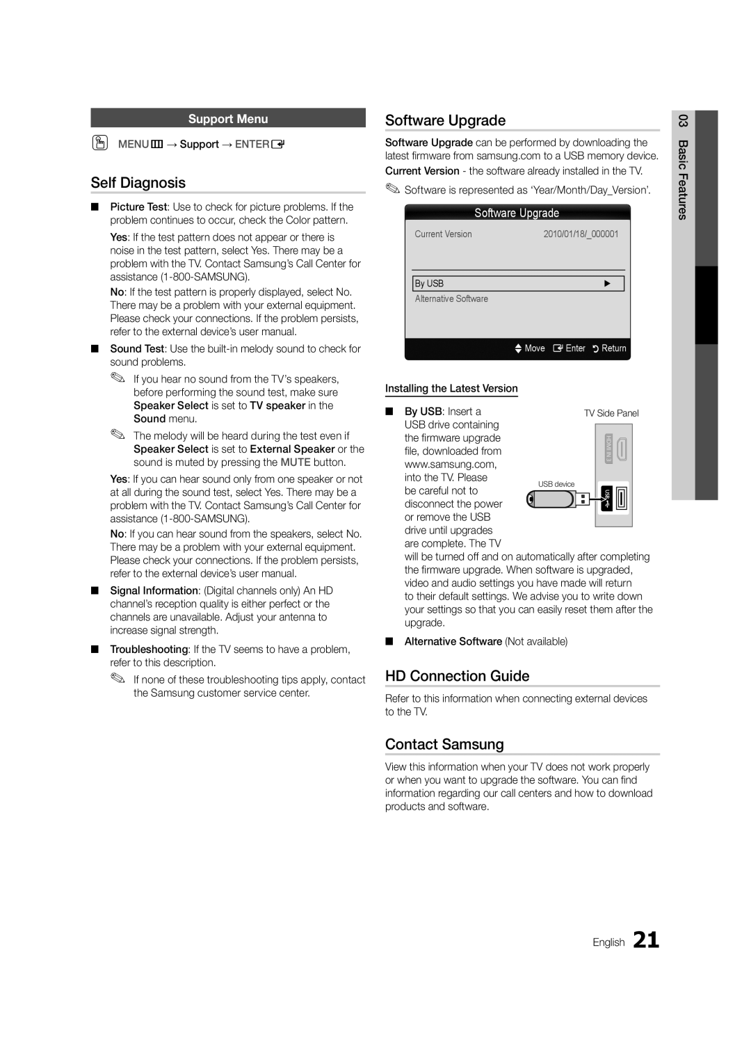 Samsung LC450-ZA, BN68-02663A-06 Self Diagnosis, Software Upgrade, HD Connection Guide, Contact Samsung, Support Menu 