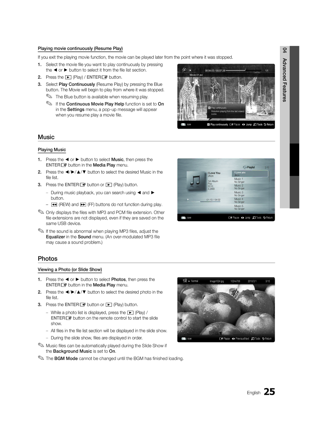 Samsung LC450-ZA, BN68-02663A-06 user manual Music, Photos 