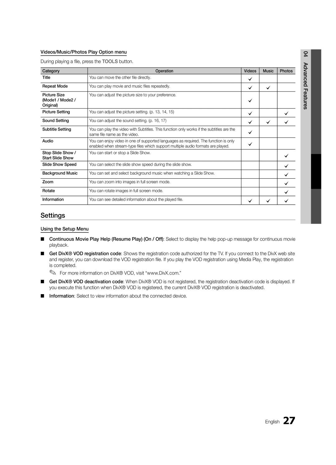 Samsung LC450-ZA, BN68-02663A-06 user manual Settings, Same file name as the video Audio 