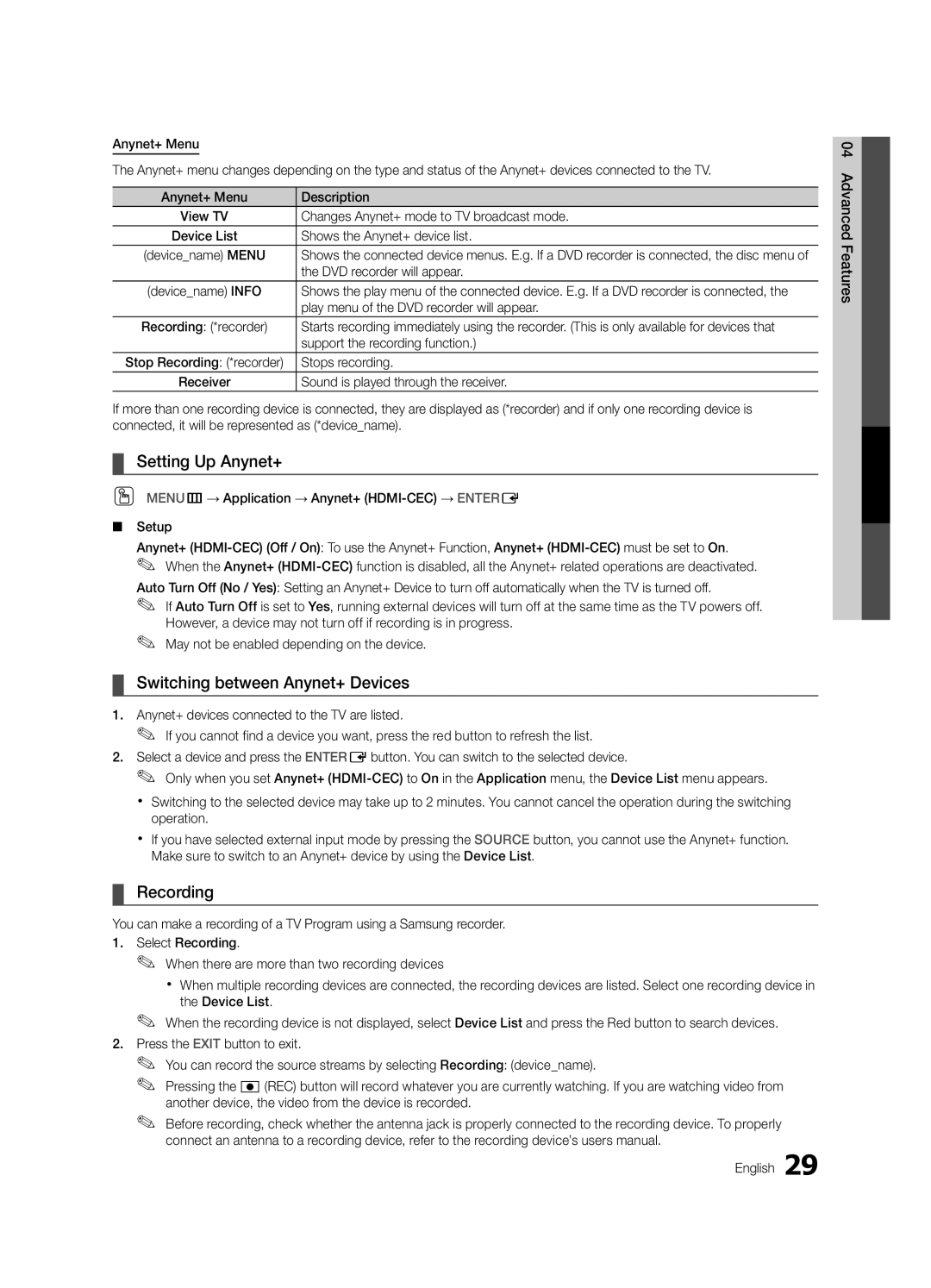 Samsung LC450-ZA, BN68-02663A-06 user manual Setting Up Anynet+, Switching between Anynet+ Devices, Recording 