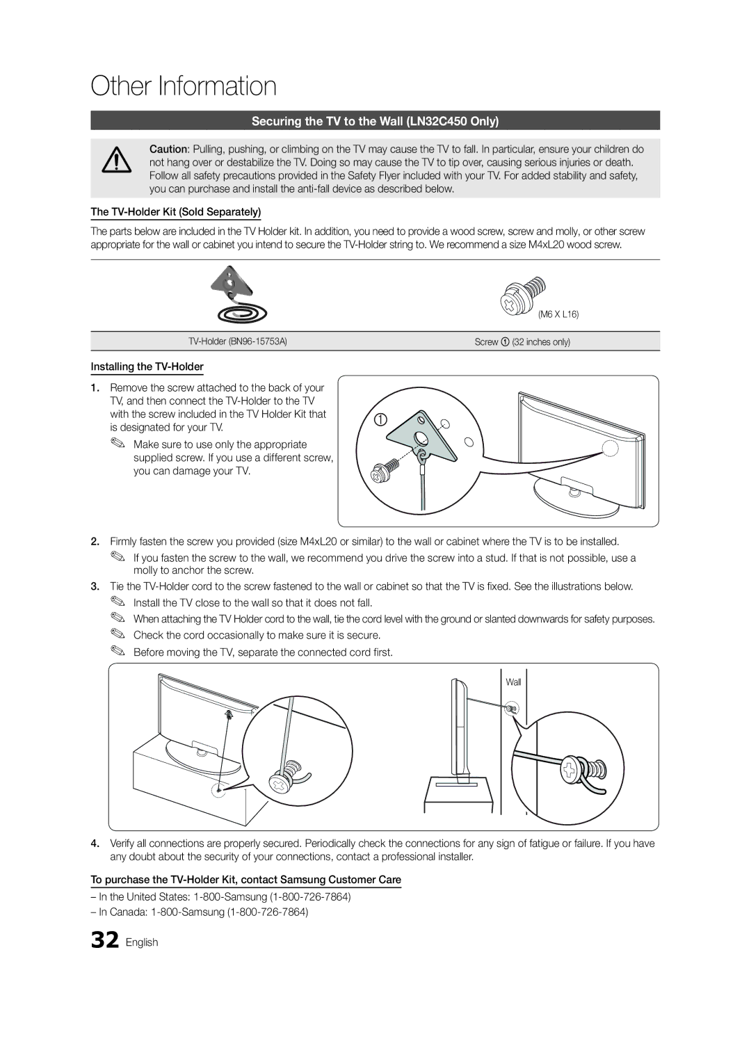 Samsung BN68-02663A-06, LC450-ZA user manual Securing the TV to the Wall LN32C450 Only, TV-Holder Kit Sold Separately 