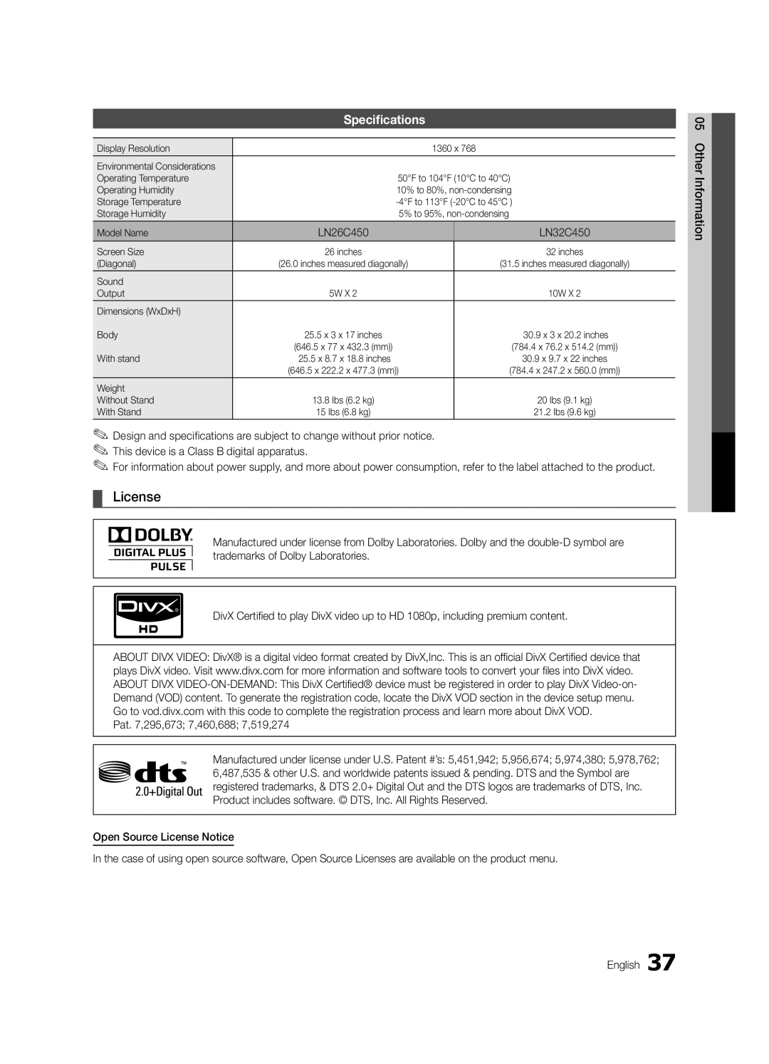 Samsung LC450-ZA, BN68-02663A-06 user manual License, Specifications, LN26C450 LN32C450 