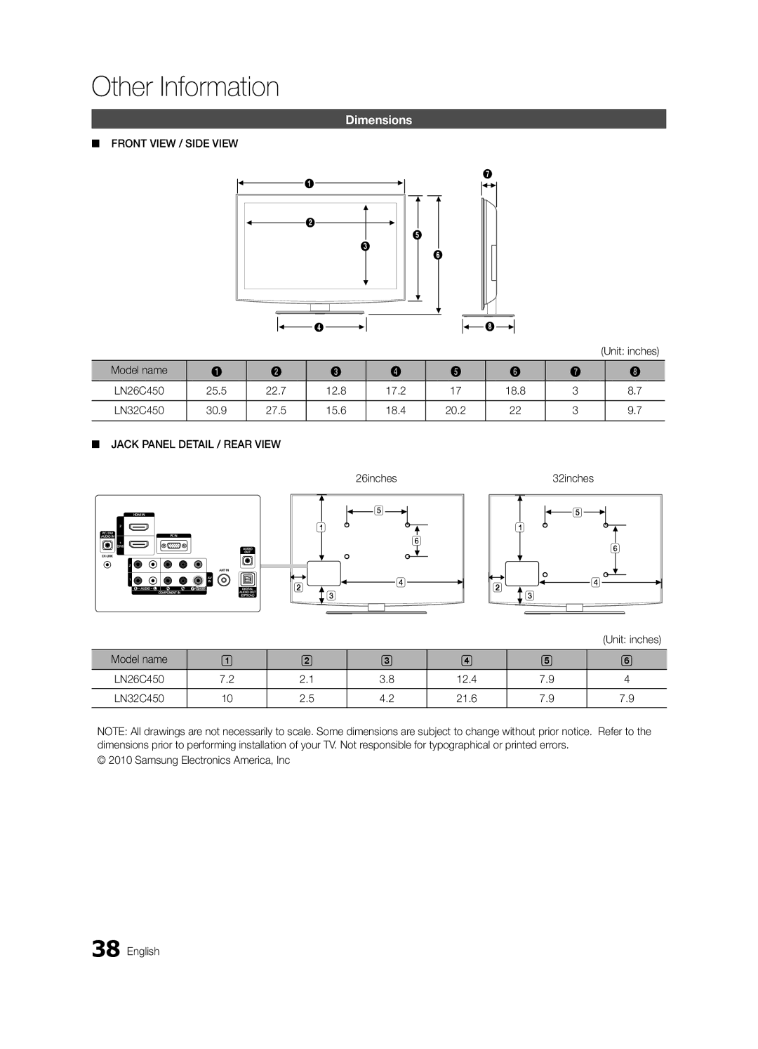 Samsung BN68-02663A-06, LC450-ZA user manual Dimensions, Front View / Side View, Jack Panel Detail / Rear View, 32inches 