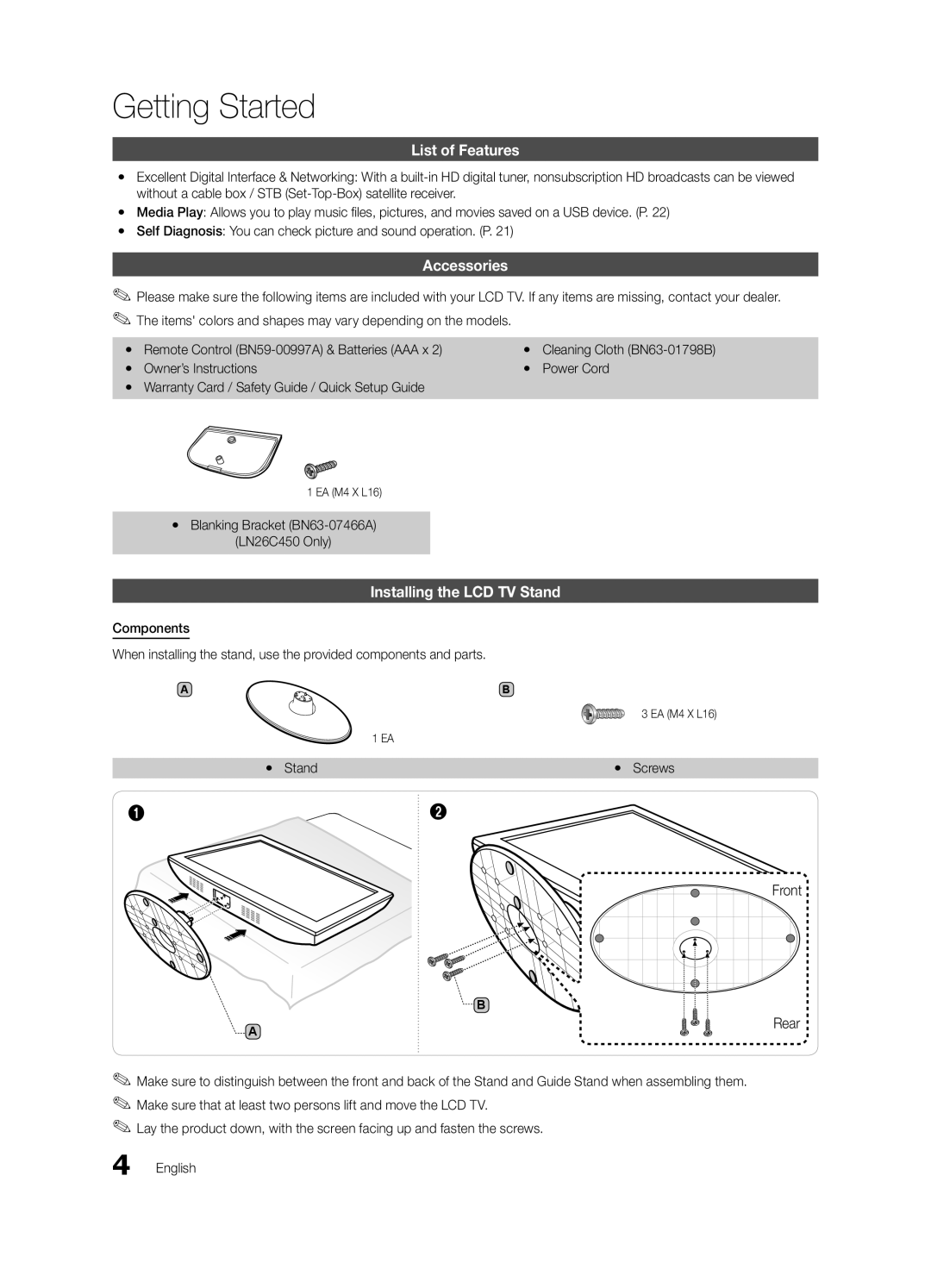 Samsung BN68-02663A-06, LC450-ZA user manual Getting Started, List of Features, Accessories, Installing the LCD TV Stand 