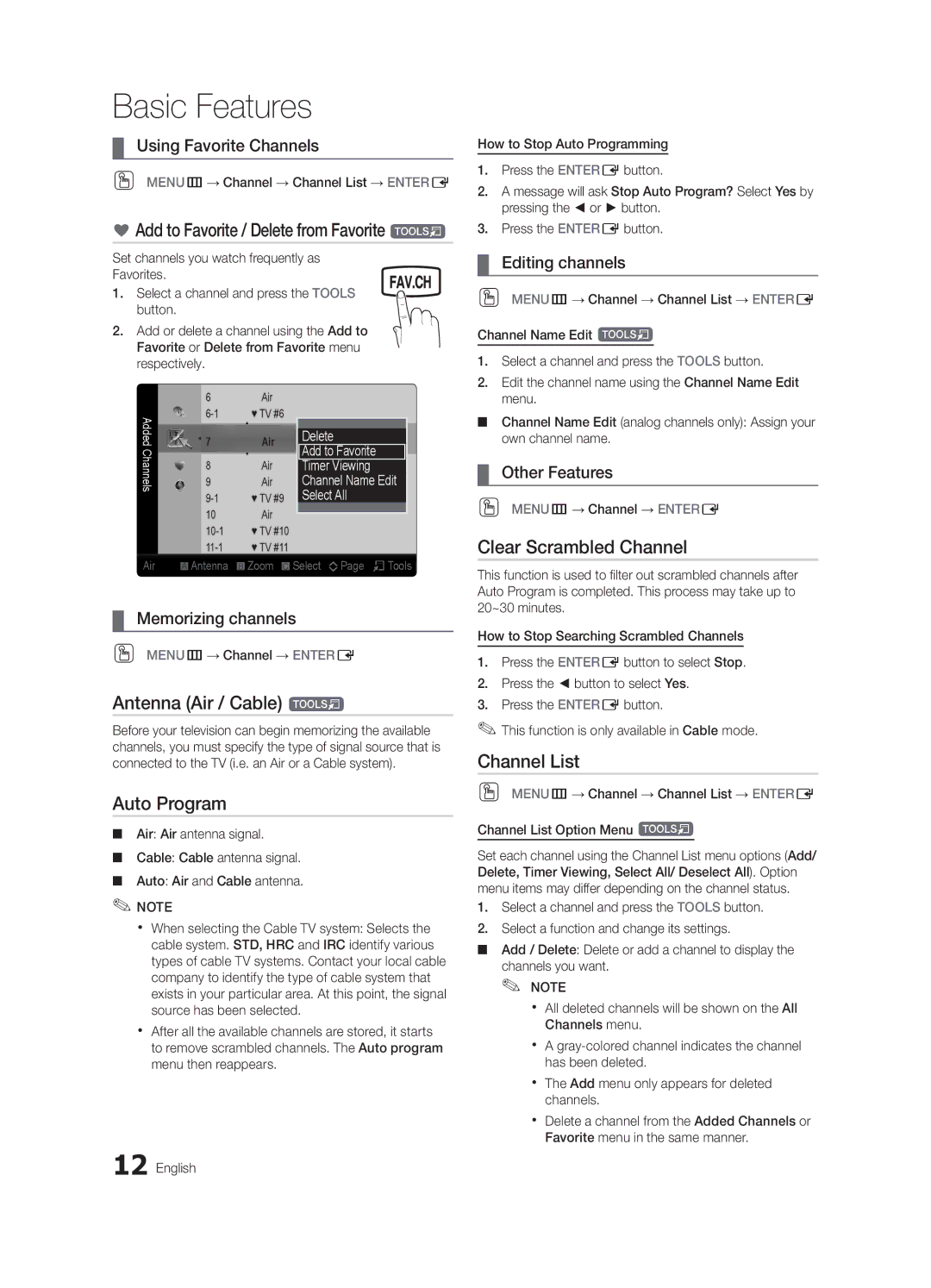 Samsung BN68-02663B-06 user manual Add to Favorite / Delete from Favorite t, Antenna Air / Cable t, Auto Program 