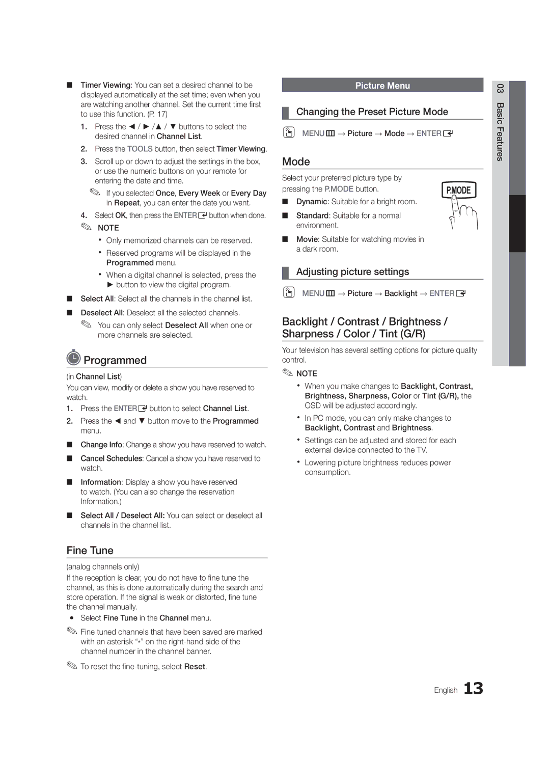 Samsung BN68-02663B-06 user manual Programmed, Fine Tune, Changing the Preset Picture Mode, Adjusting picture settings 