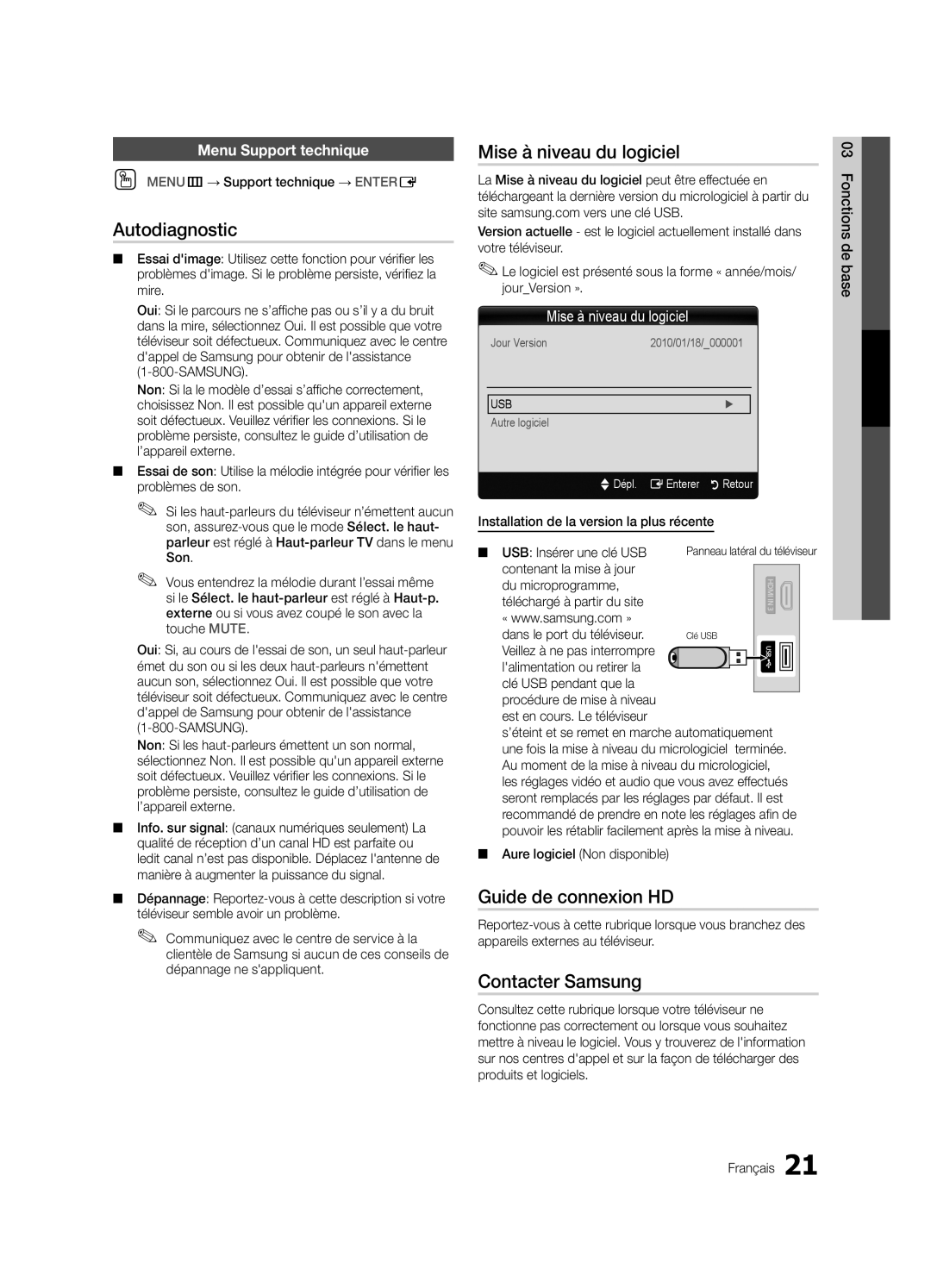 Samsung BN68-02663B-06 user manual Autodiagnostic, Mise à niveau du logiciel, Guide de connexion HD, Contacter Samsung 