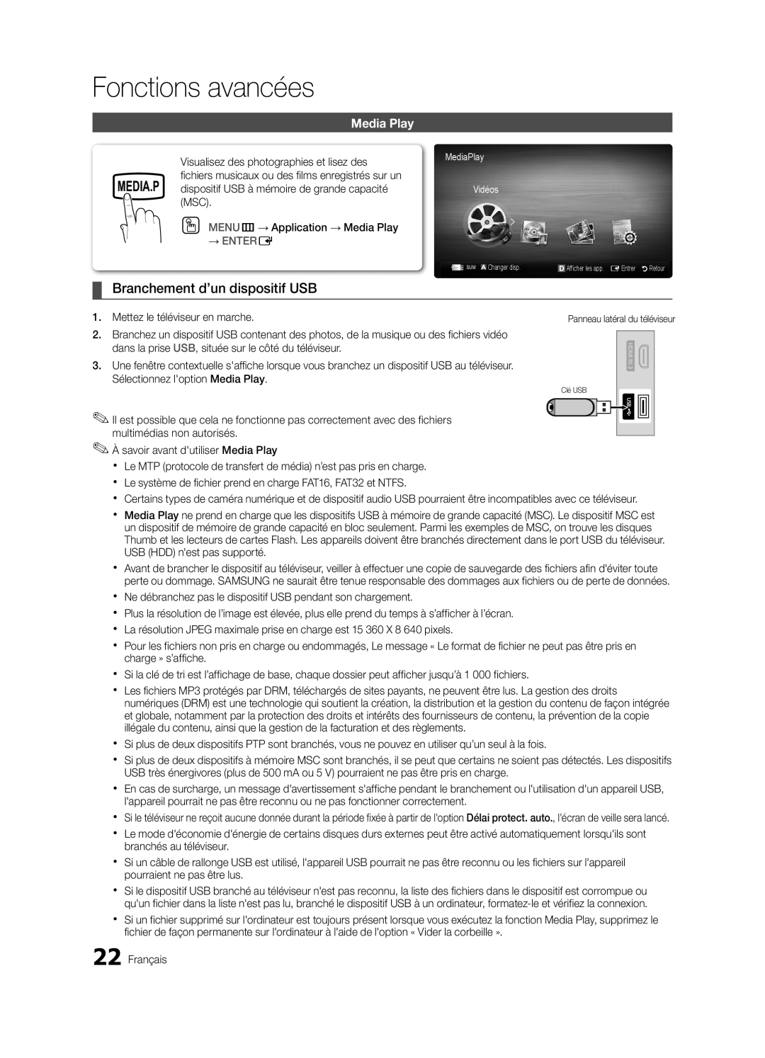 Samsung BN68-02663B-06 Fonctions avancées, Branchement d’un dispositif USB, Visualisez des photographies et lisez des 