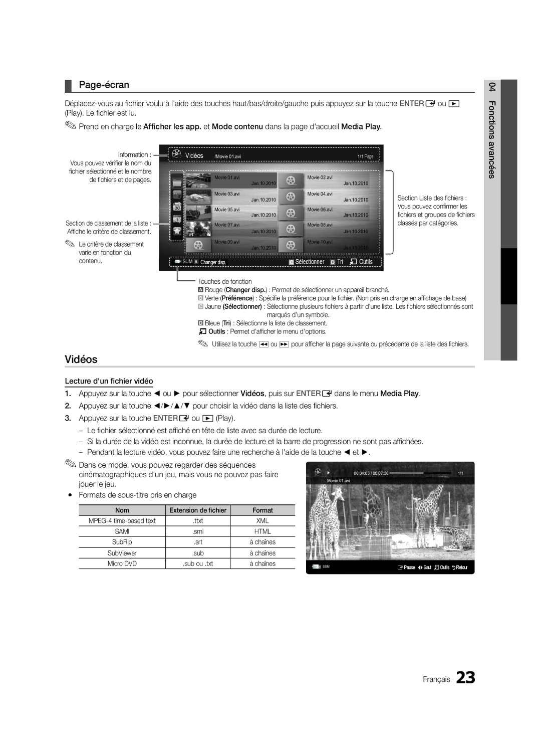 Samsung BN68-02663B-06 user manual Vidéos, Page-écran, Avancées, Jouer le jeu, Yy Formats de sous-titre pris en charge 