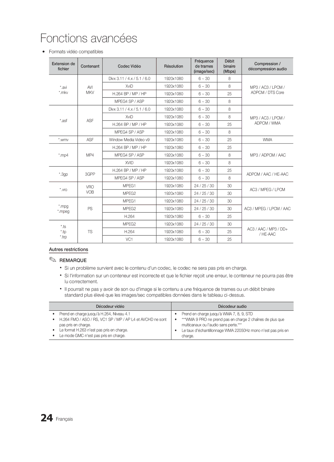 Samsung BN68-02663B-06 Yy Formats vidéo compatibles, Autres restrictions, Extension de Fréquence Débit Compression 