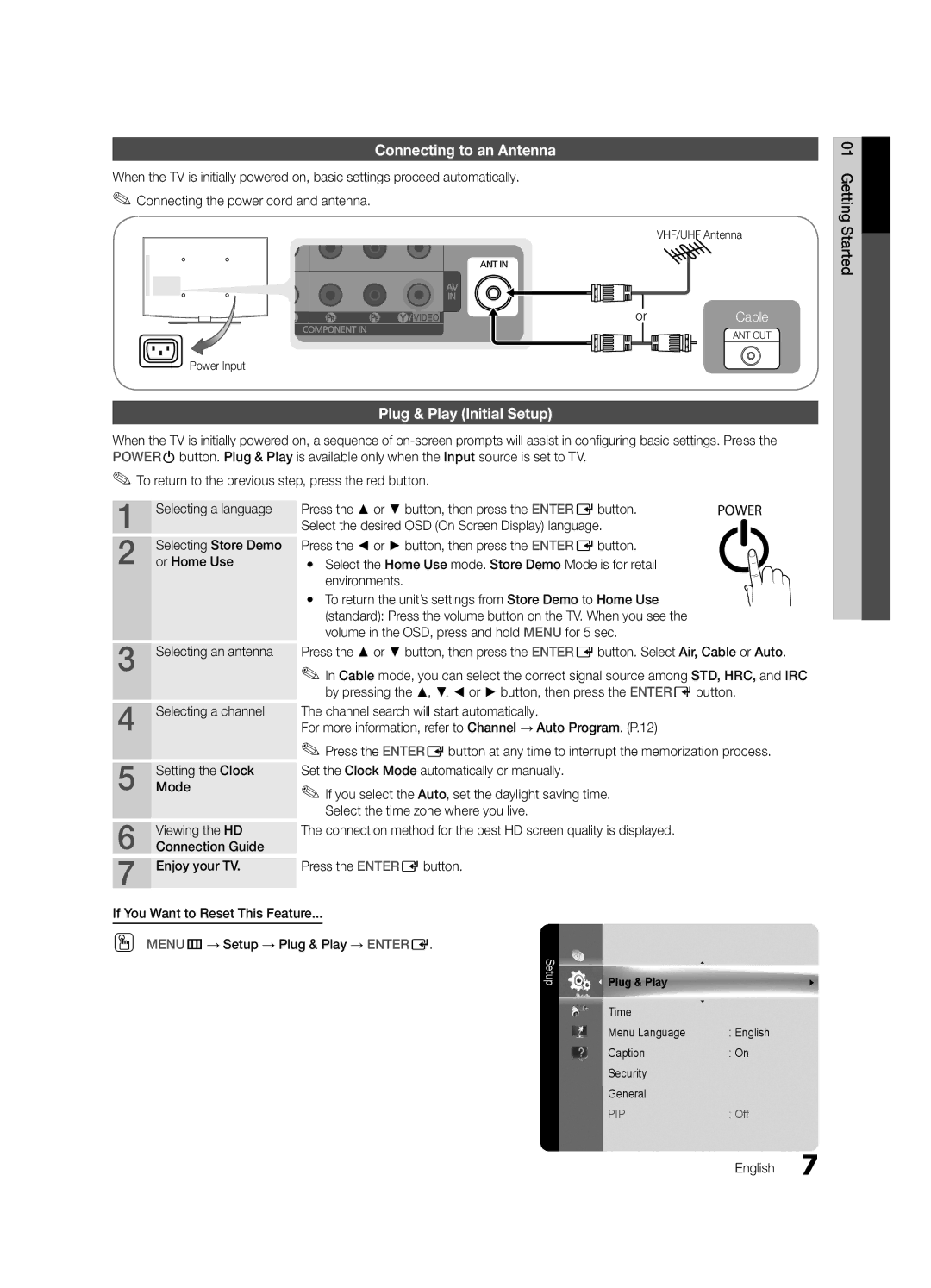 Samsung BN68-02663B-06 user manual Connecting to an Antenna, Plug & Play Initial Setup, Or Home Use 