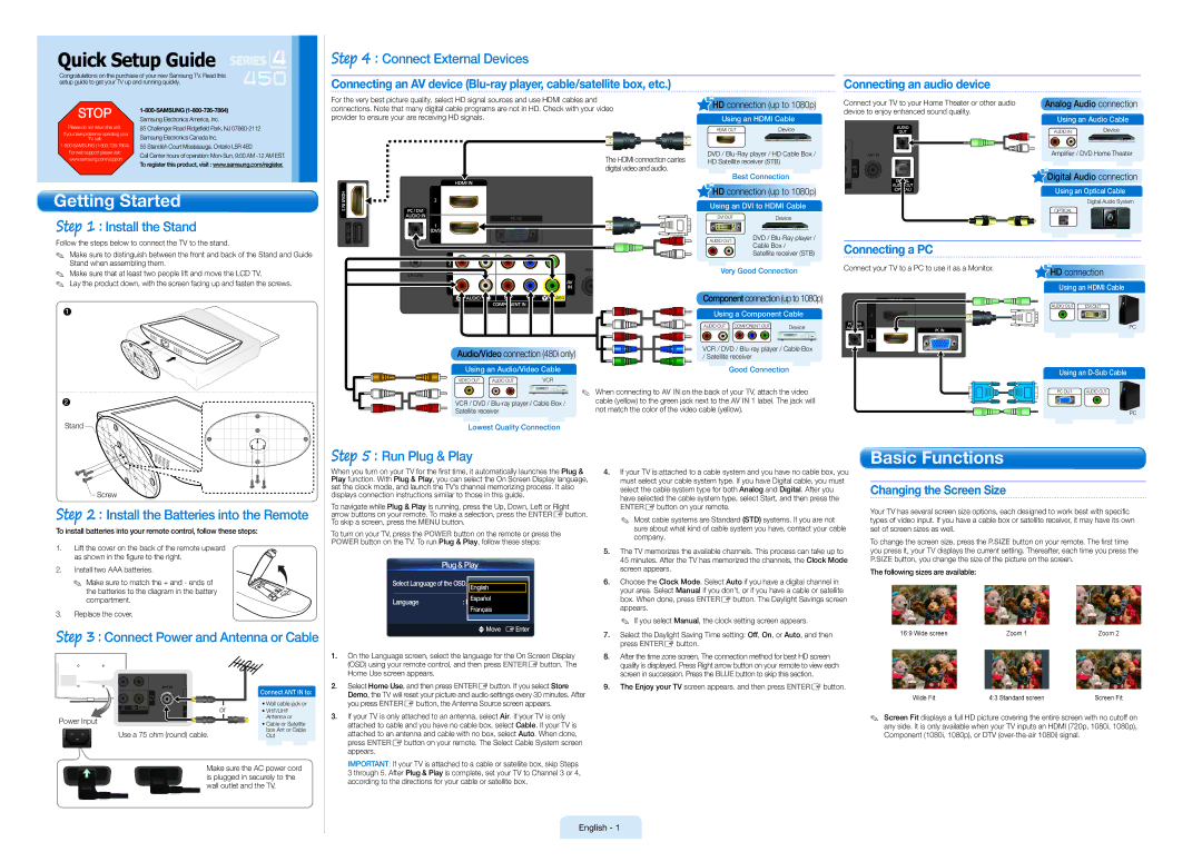 Samsung BN68-02664A-03 setup guide Connecting an audio device, Connecting a PC, Changing the Screen Size 