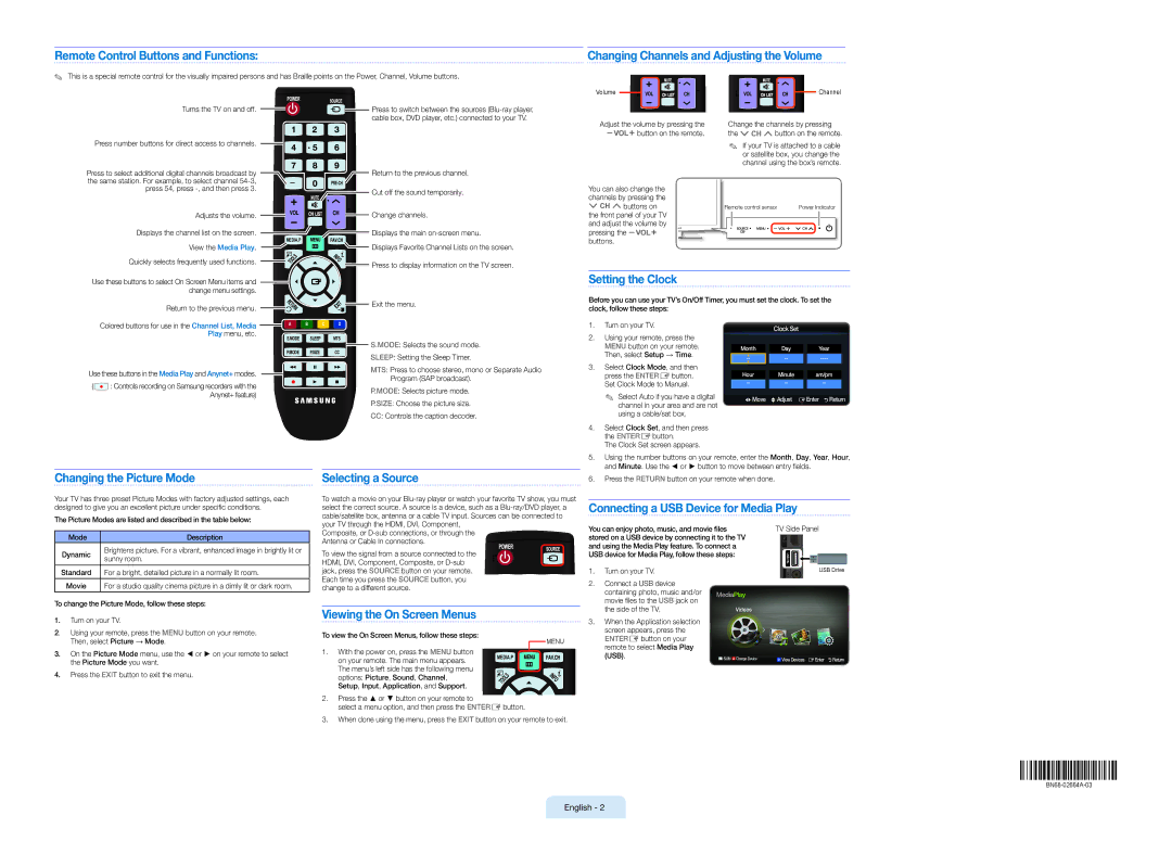 Samsung BN68-02664A-03 Remote Control Buttons and Functions, Changing Channels and Adjusting the Volume, Setting the Clock 