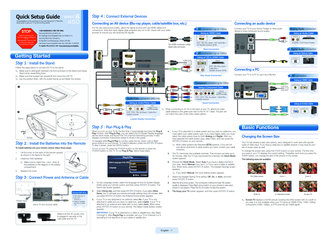 Samsung BN68-02664A-03 setup guide Connecting an audio device, Connecting a PC, Changing the Screen Size, English, Stop 