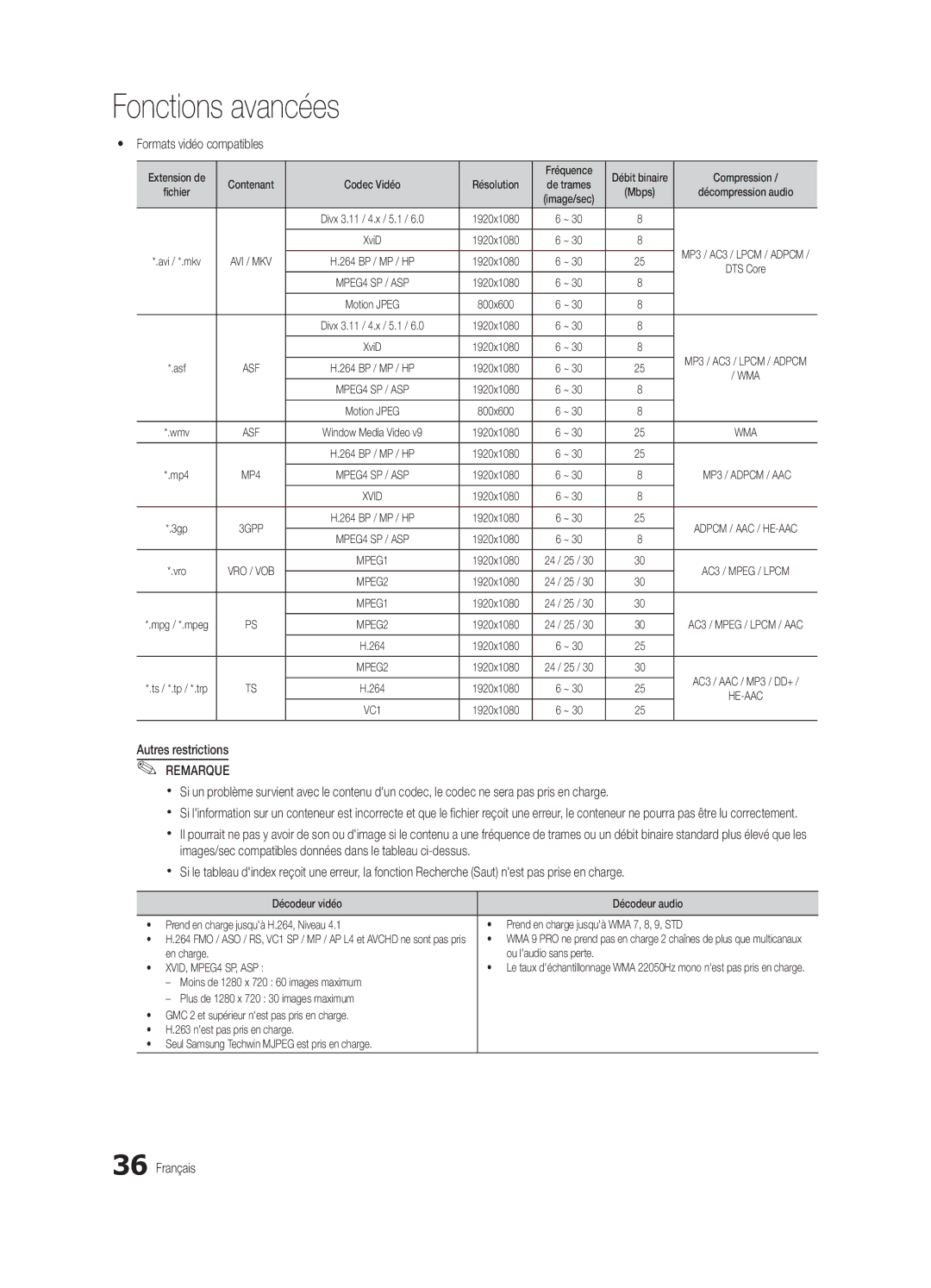 Samsung BN68-02711B-04 Yy Formats vidéo compatibles, Extension de Fréquence, Compression, En charge Ou laudio sans perte 