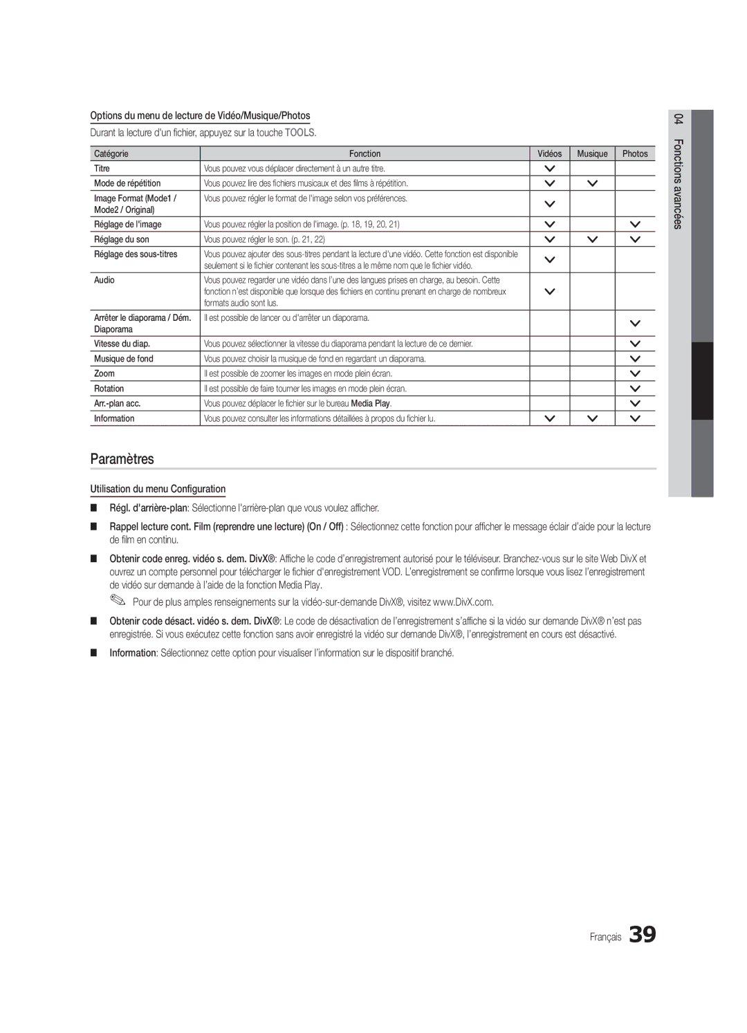 Samsung UC6500-ZC, BN68-02711B-04 user manual Paramètres, Formats audio sont lus 