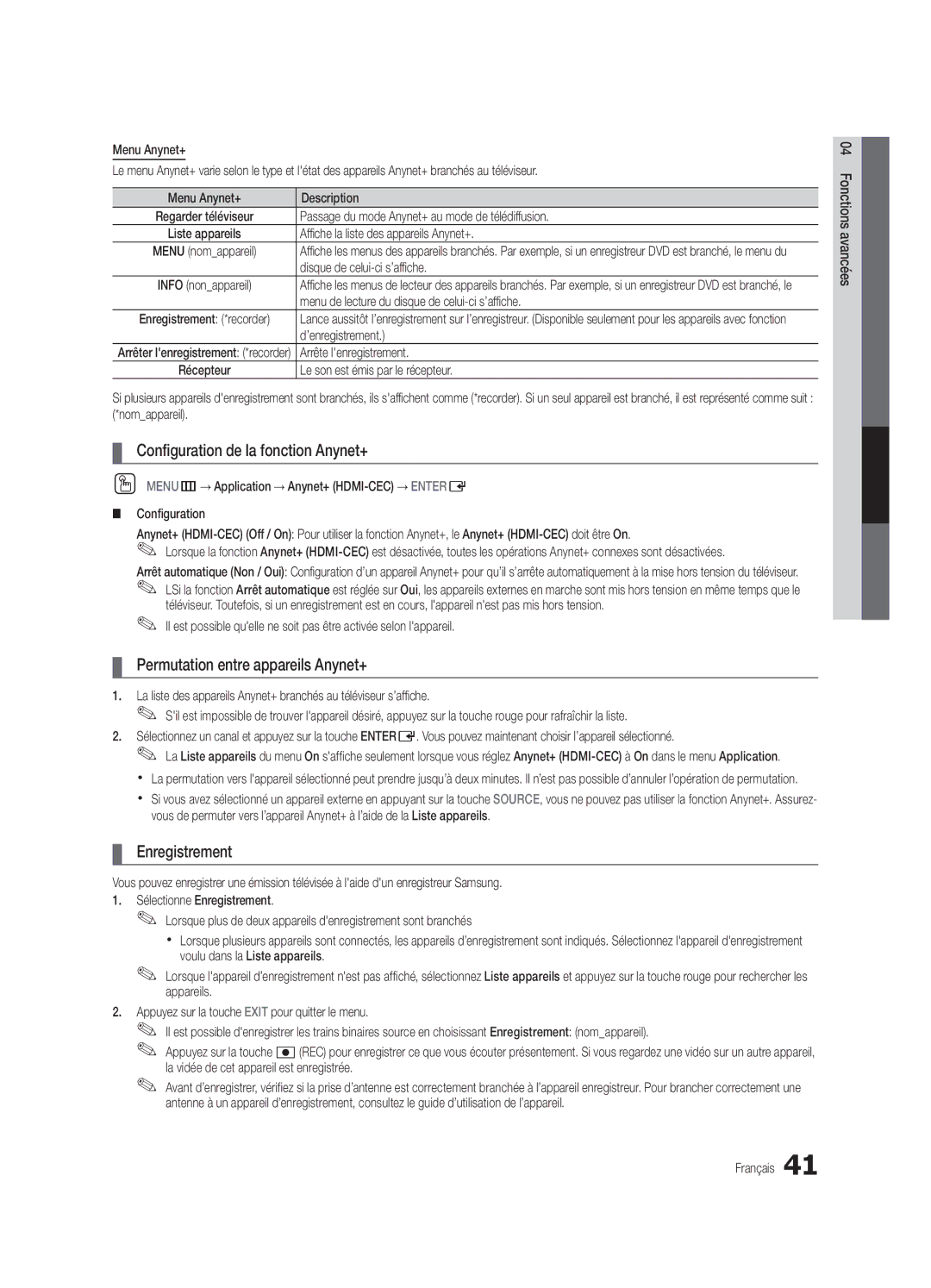 Samsung UC6500-ZC user manual Configuration de la fonction Anynet+, Permutation entre appareils Anynet+, Enregistrement 