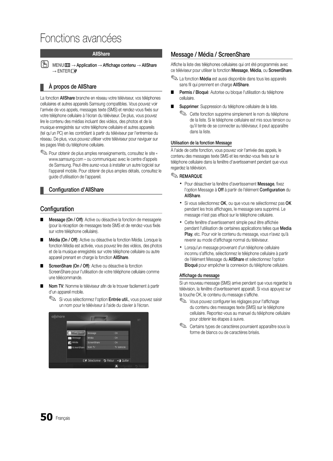 Samsung BN68-02711B-04, UC6500-ZC user manual Message / Média / ScreenShare, Propos de AllShare, Configuration dAllShare 